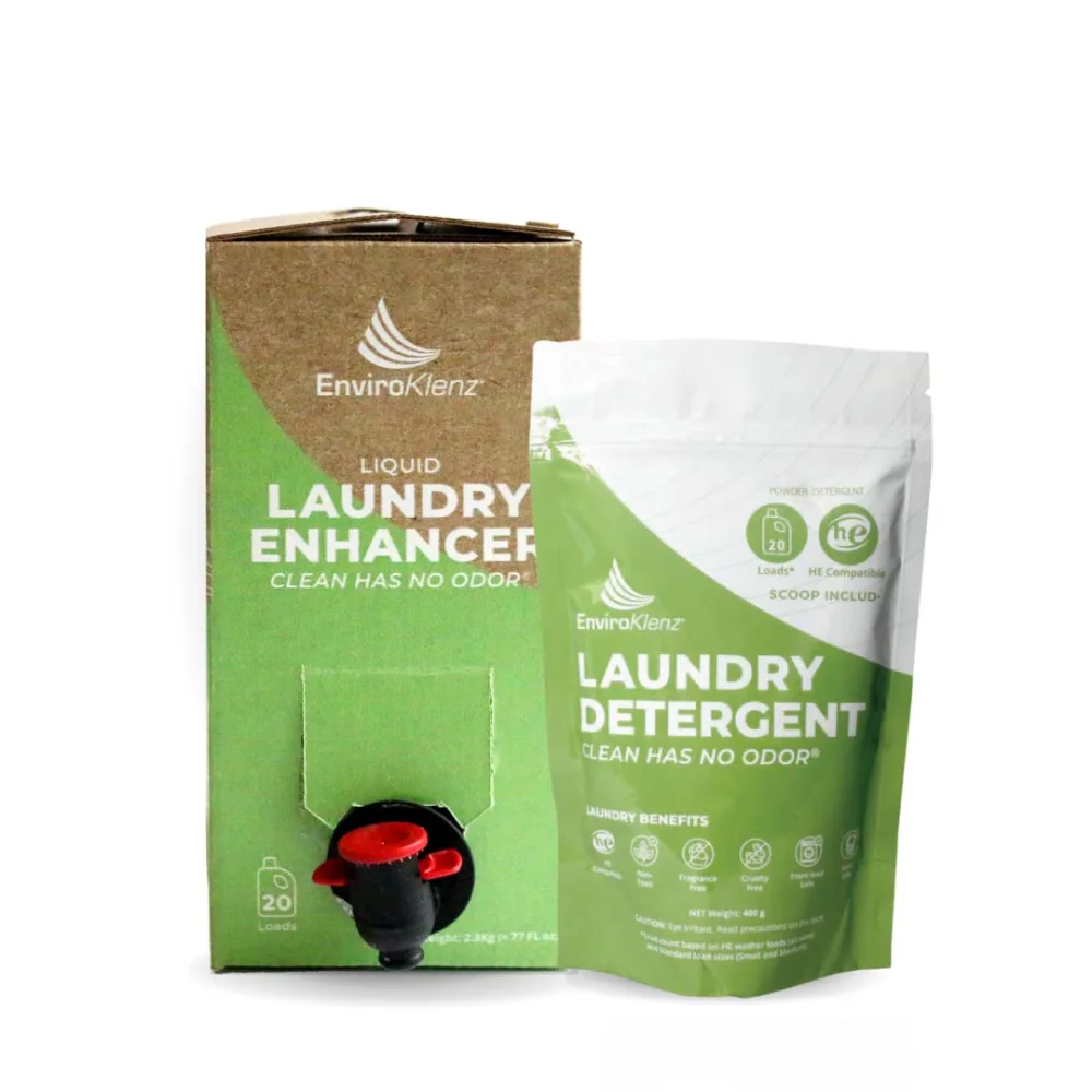 EnviroKlenz Laundry Powder Detergent, Removes odors and stains, Natural Mineral Technology, Non-toxic, Unscented (400g) with EnviroKlenz Liquid Laundry Enhancer, 20 loads