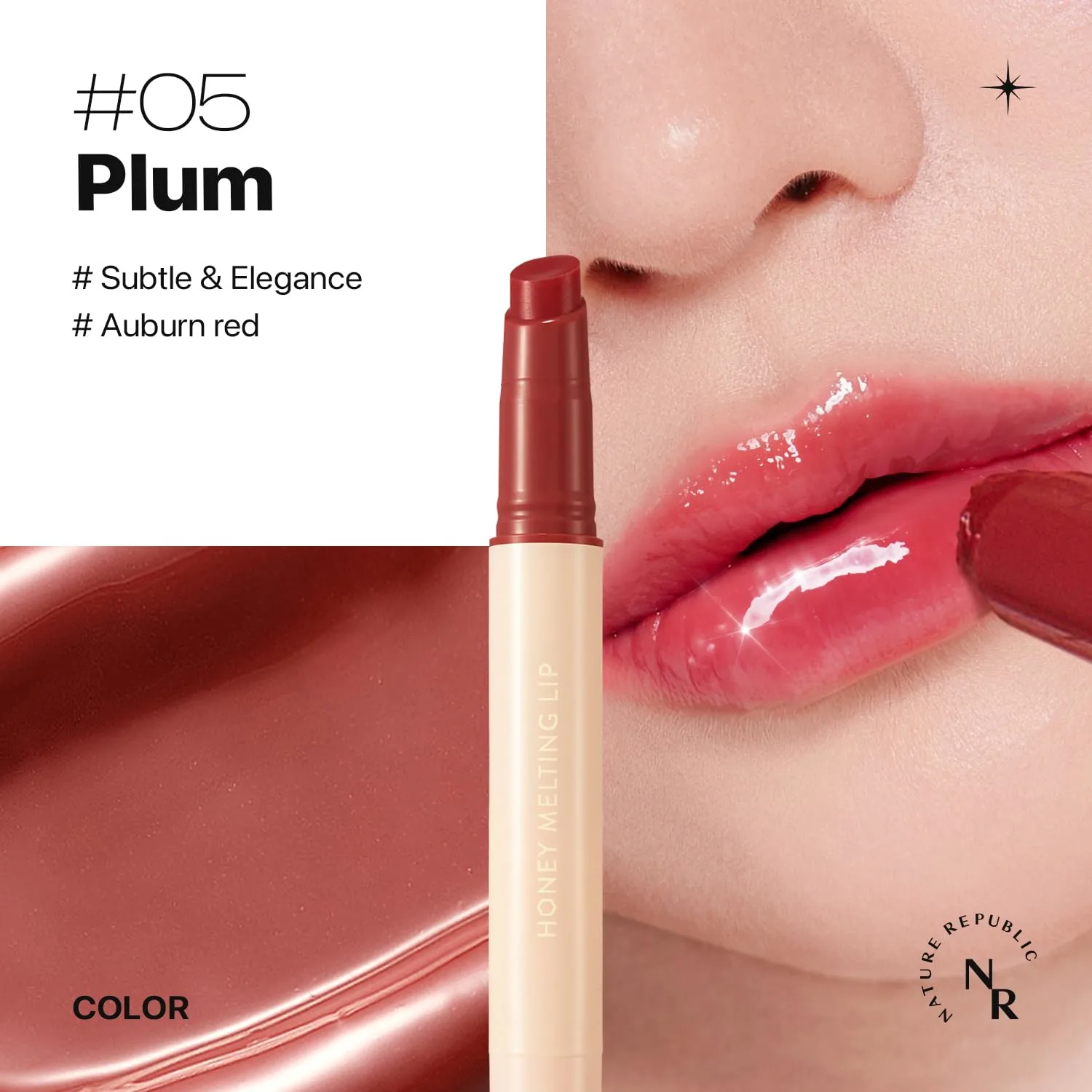 Nature Republic HONEY MELTING LIP (05 PLUM) SOFT LIP STICK, korean lip, Lip Gloss, Glow lip, glossy, lip balm, lip crayon, jelly gloss, lip pen, tint gloss, sheer lip, korean make up