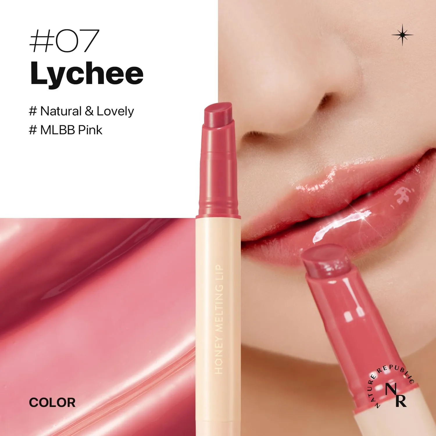 Nature Republic HONEY MELTING LIP (07 LYCHEE) SOFT LIP STICK, korean lip, Lip Gloss, Glow lip, glossy, lip balm, lip crayon, jelly gloss, lip pen, tint gloss, sheer lip, korean make up