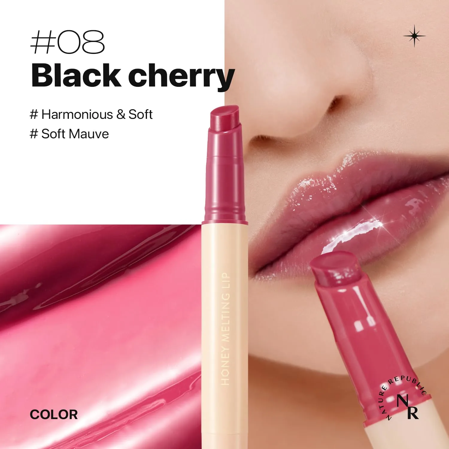 Nature Republic HONEY MELTING LIP (08 CHERRY) SOFT LIP STICK, korean lip, Lip Gloss, Glow lip, glossy, lip balm, lip crayon, jelly gloss, lip pen, tint gloss, sheer lip, korean make up