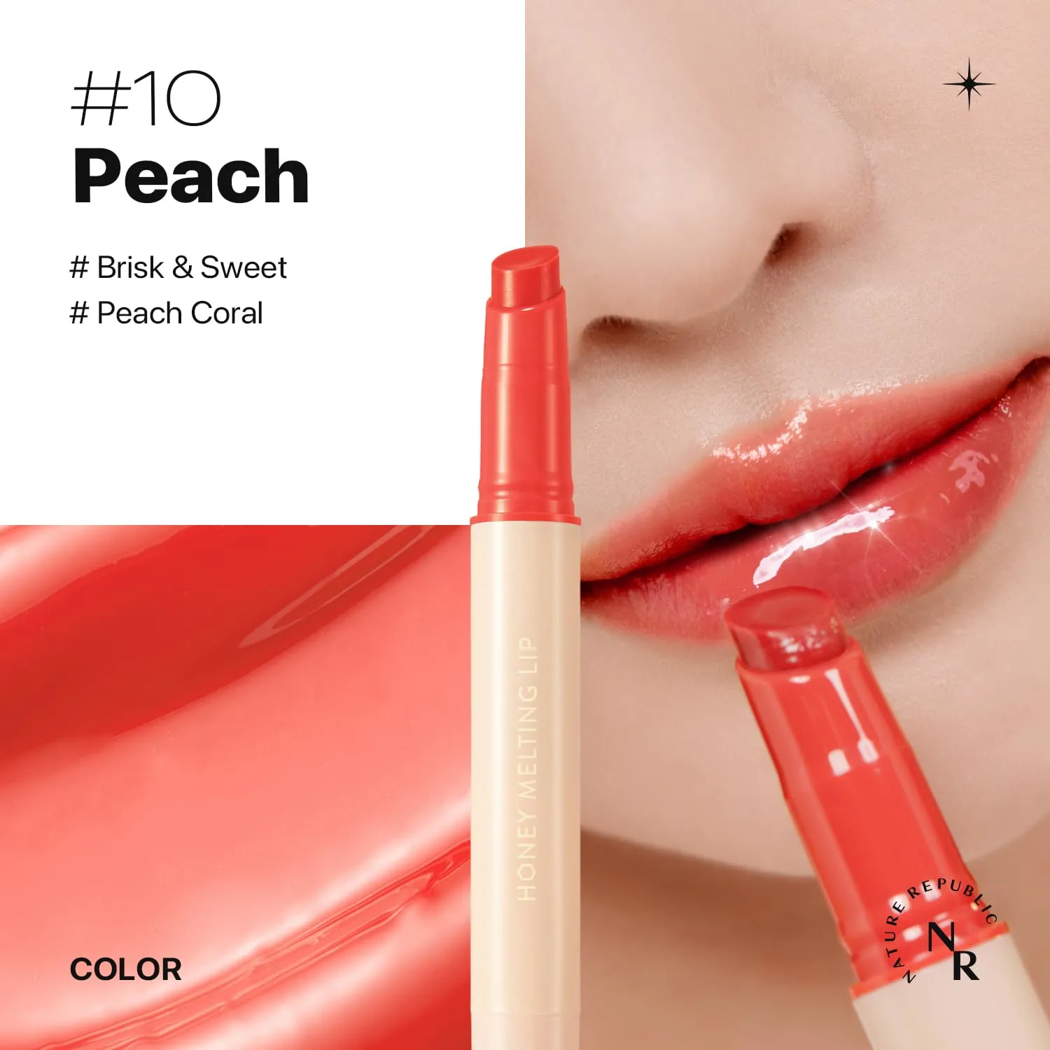 Nature Republic HONEY MELTING LIP (10 PEACH) SOFT LIP STICK, korean lip, Lip Gloss, Glow lip, glossy, lip balm, lip crayon, jelly gloss, lip pen, tint gloss, sheer lip, korean make up