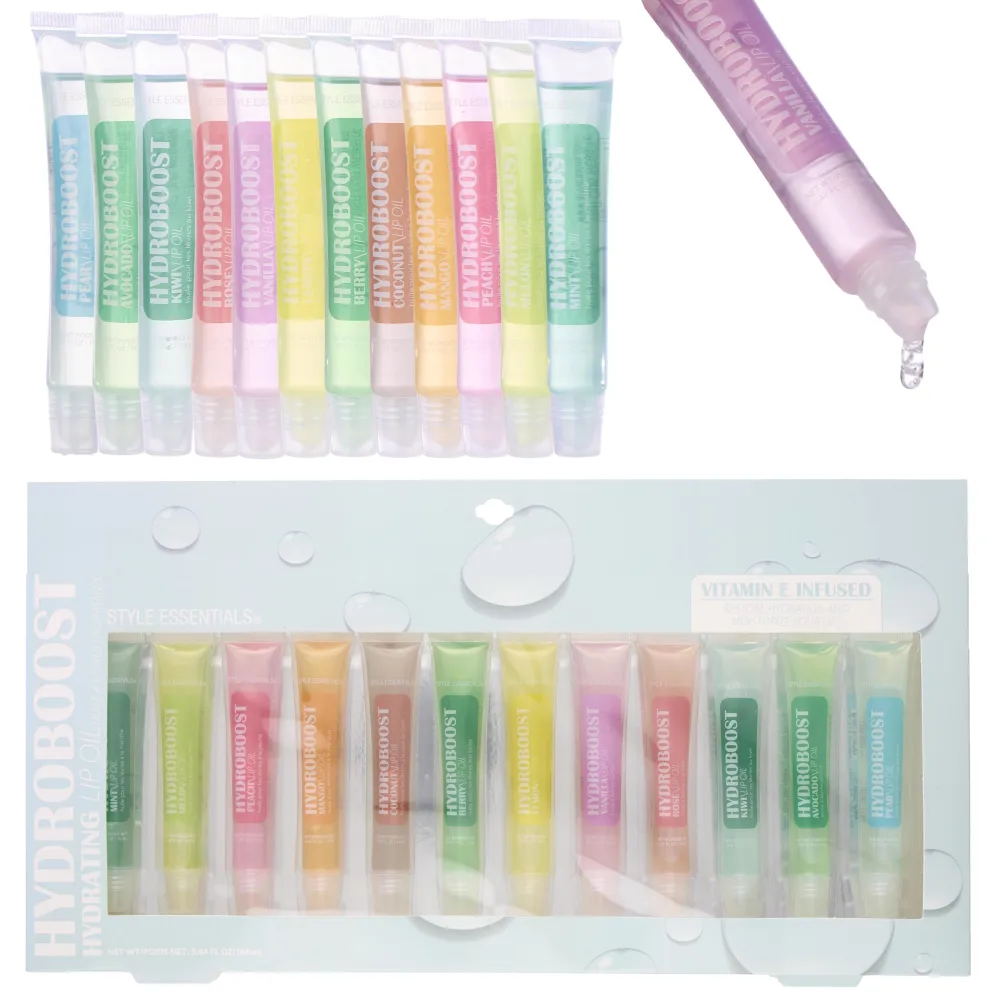 Expressions 12pc Lip Oil Set - Flavored Lip Oils Value Pack, Hydrating Lip Oils w/Squeeze Tube Application, Moisturizing Lip Oil Collection for Everyday Lip Care and Lip Repair (HYDROBOOST)
