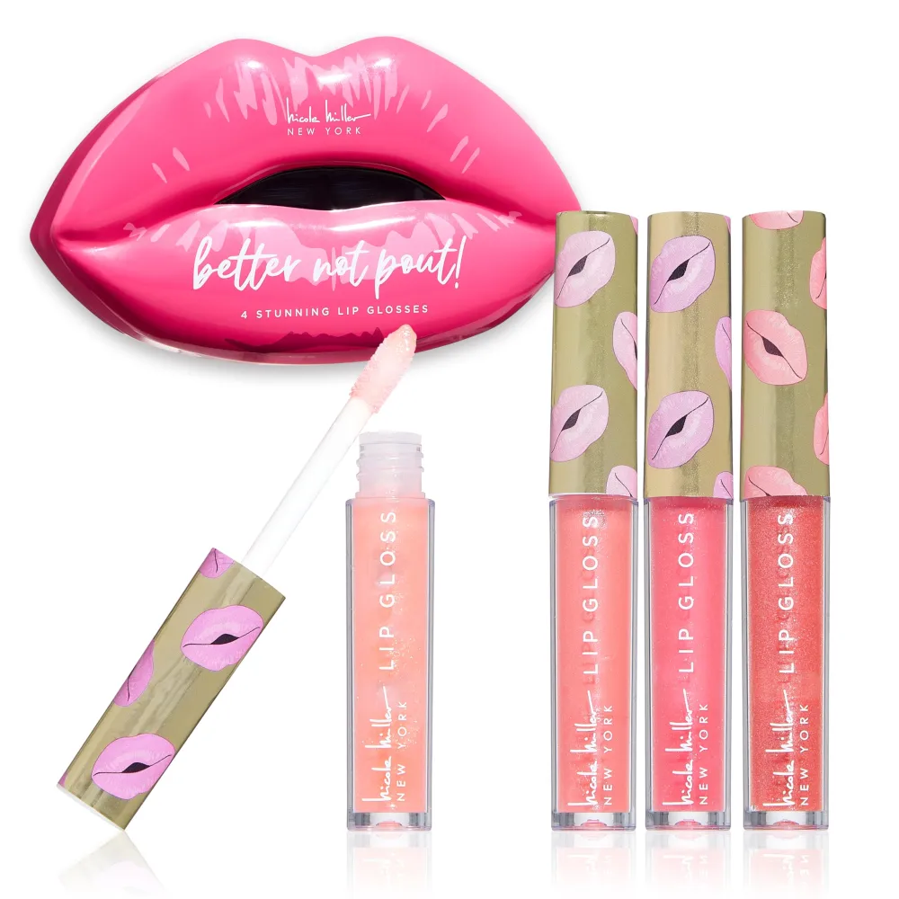 Nicole Miller Lip Gloss Collection Shimmery Glosses for Women and Girls Long Lasting Color Set with Rich Varied Colors, Better Not Pout Pink, 4 Count (Pack of 1)