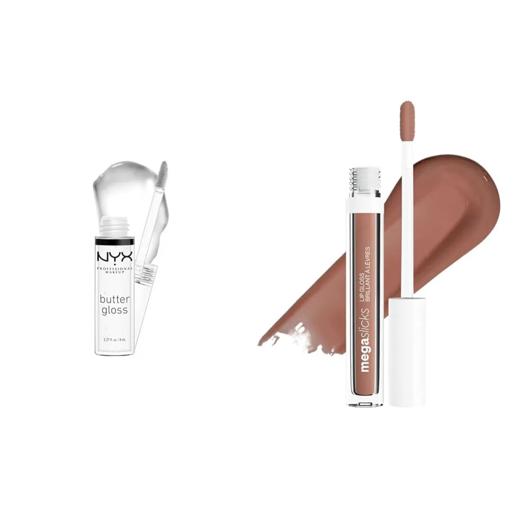 NYX Butter Gloss Non-Sticky Lip Gloss Sugar Glass & wet n wild Hyaluronic Acid Lip Gloss Nude Mood
