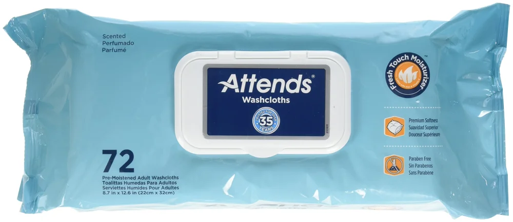 Attends Washcloths No-Rinse Disposable Cleansing Wipes for Incontinence, 7.8"x11.8", Hypoallergenic Alcohol-Free with Aloe, Scented, 72ct Soft Pack