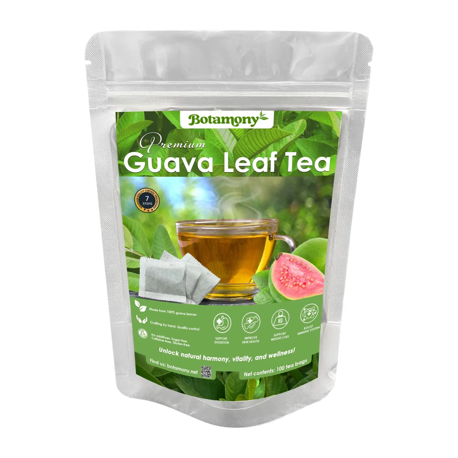 BOTAMONY Premium 100 Guava Leaf Tea Bags, 100% Natural Pure Organic Guava Leaves Herbal Tea | Boost Immunity & Rich in Antioxidants | Handmade Non-GMO Sugar/Caffeine/Gluten Free