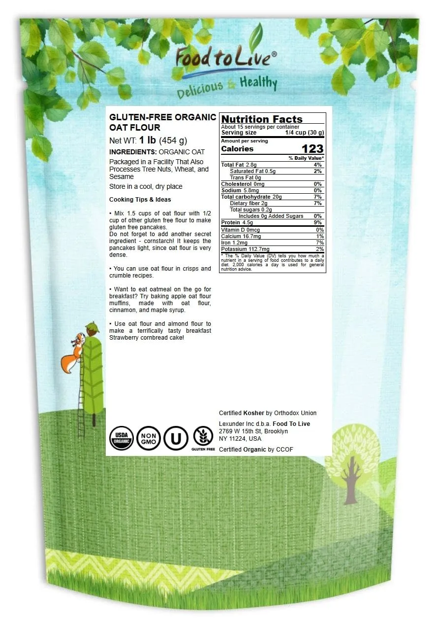 Food to Live Gluten-Free Organic Oat Flour, 1 Pound - Stone Ground from Whole Grain Oat Berries, Great for Baking Pancakes, Muffins, Waffles, Bread