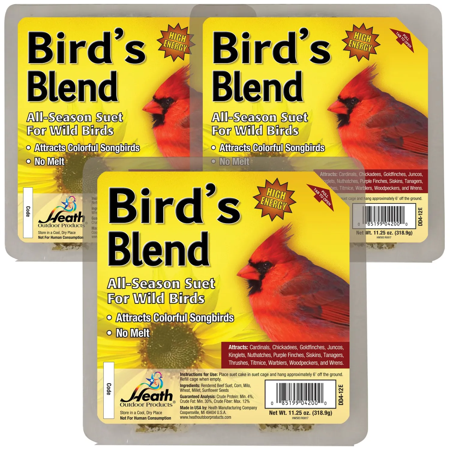 Heath Bird S Blend Suet Cakes Sample Pack, Contains 3 Suet Cakes, Try It, Your Birds Will Love it, for Woodpeckers, Cardinals, Siskins, Sparrows, Finchs & Many More Wild Bird Species