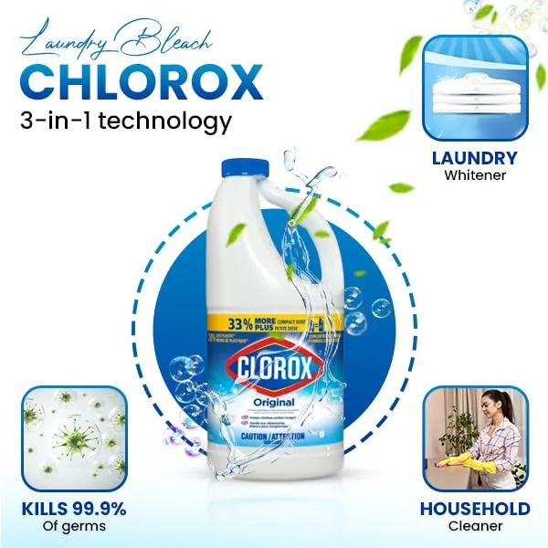 2 - Pack Chlorox original Bleachh 43 oz Cleaning Cleanser Household Disinfecting and Cleaning Solution Bundled with Vortix Ship Bag for Extra Protection Ideal for Kitchens Bathrooms Laundry & More