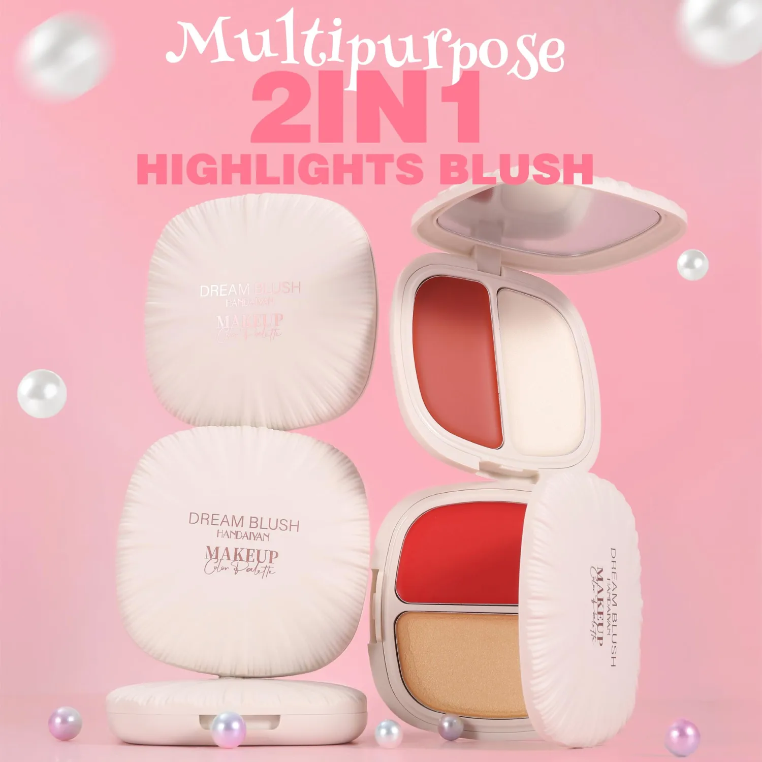 2 in 1 Pearl Cream Blush Highlights, Buildable & Blendable Face Makeup Blush for Cheeks, Lightweight Soft Long-lasting Blusher for Girls & Women, Blush+Highlight+Eyeshadow, 01#So Shy
