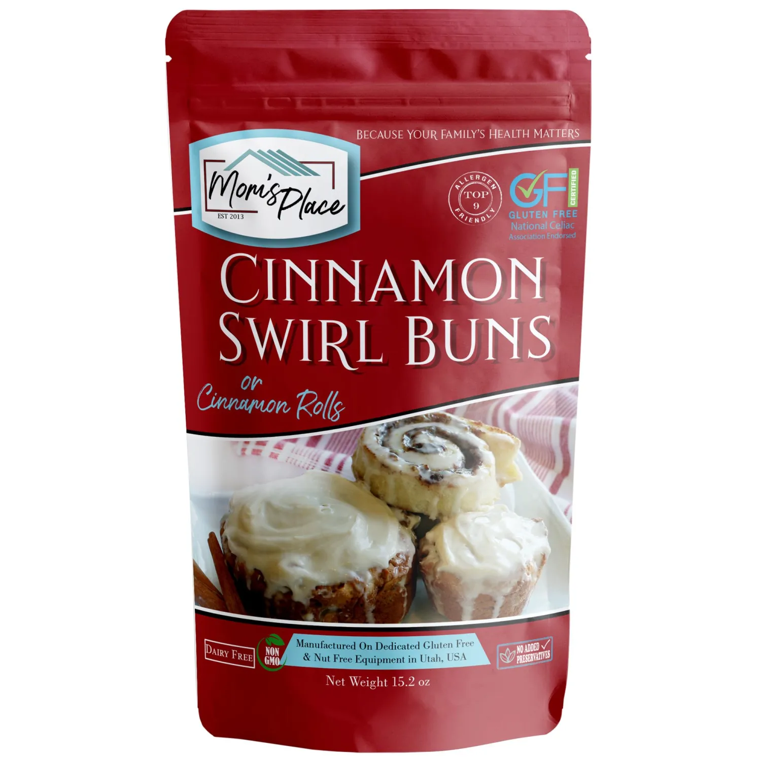 Mom's Place Gluten-Free Cinnamon Swirl Bun or Cinnamon Roll Mix, Vegan, Nut Free, Dairy Free & Soy Free, 15.2 oz