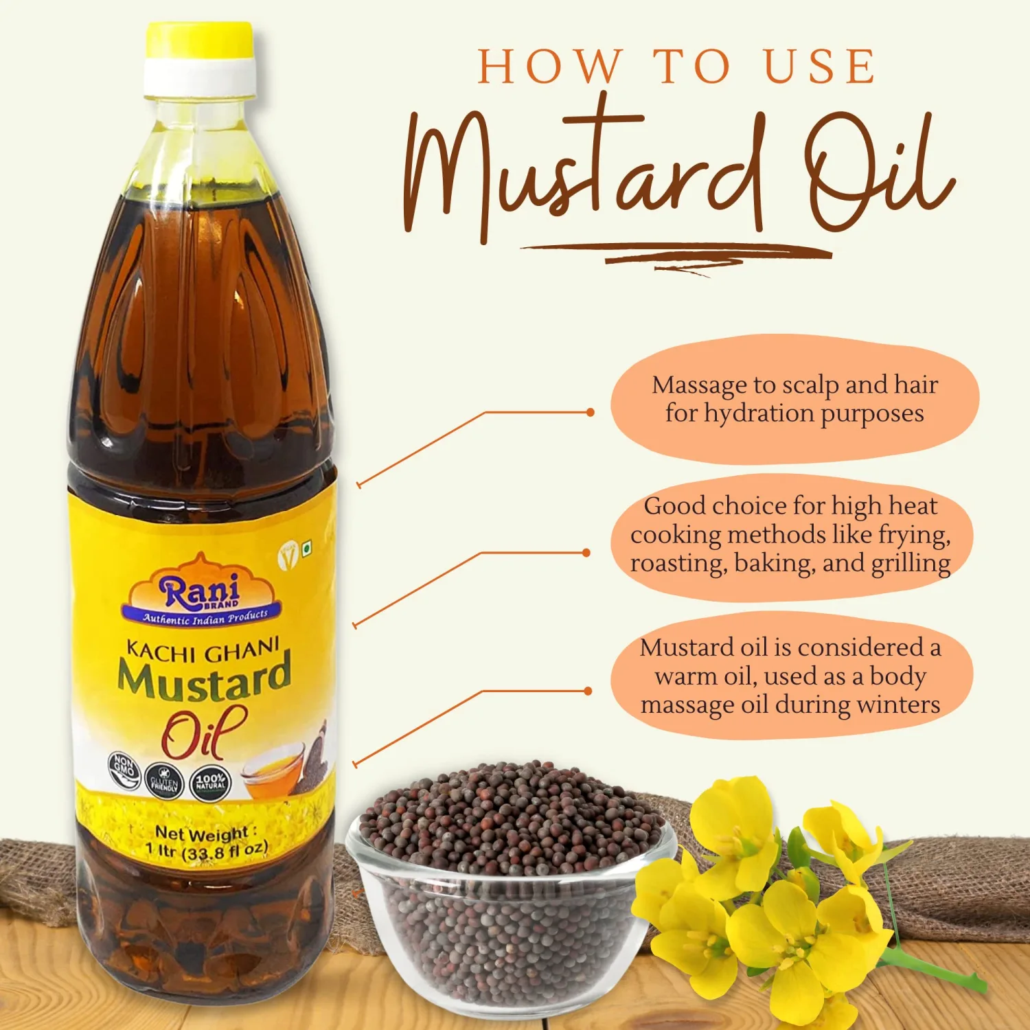Rani Mustard Oil (Kachi Ghani) 16.9 Ounce (500ml) NON-GMO | Gluten Free | Vegan | 100% Natural | Kosher