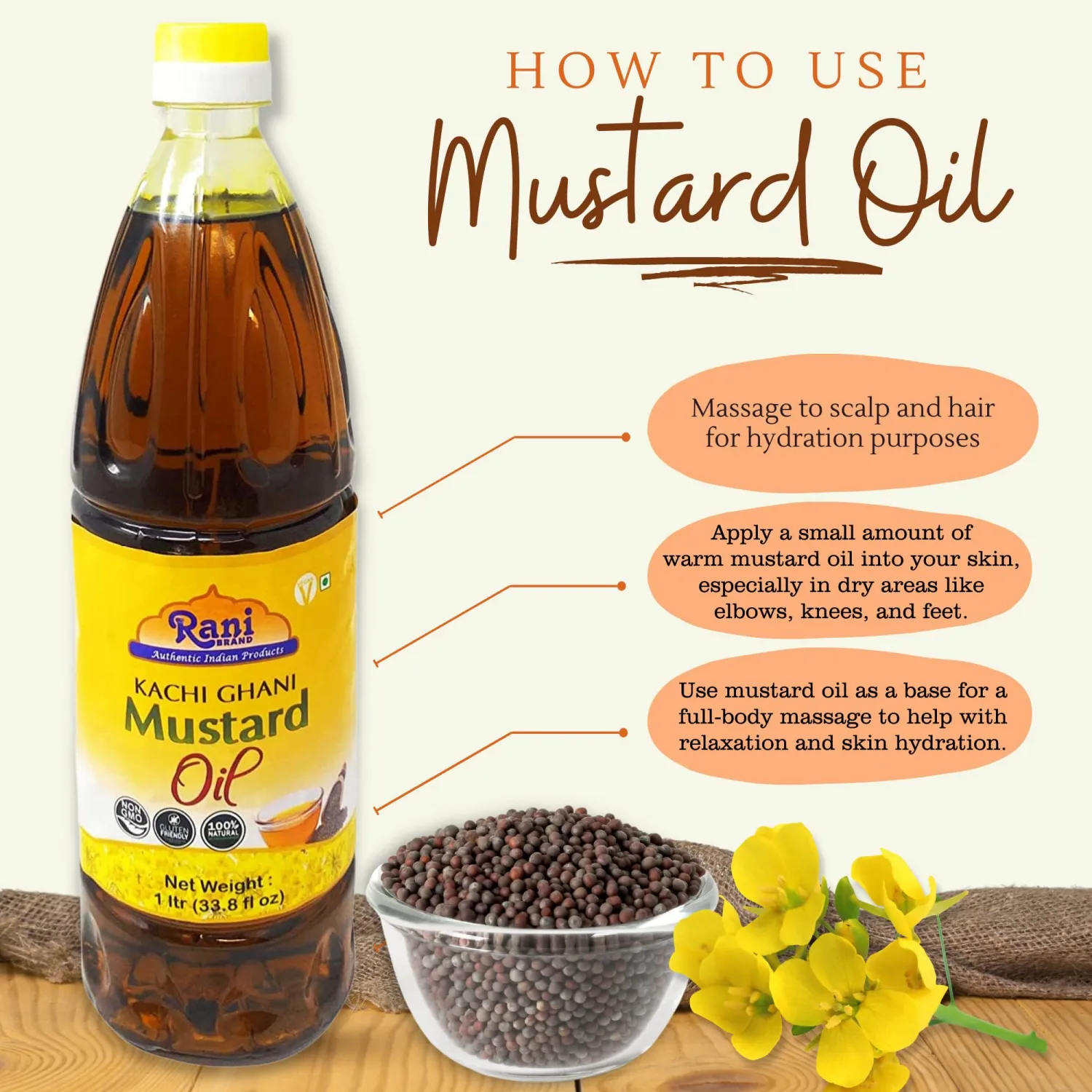 Rani Mustard Oil (Kachi Ghani) 33.8 Ounce (1 Liter) NON-GMO | Gluten Free | Vegan | 100% Natural | Kosher