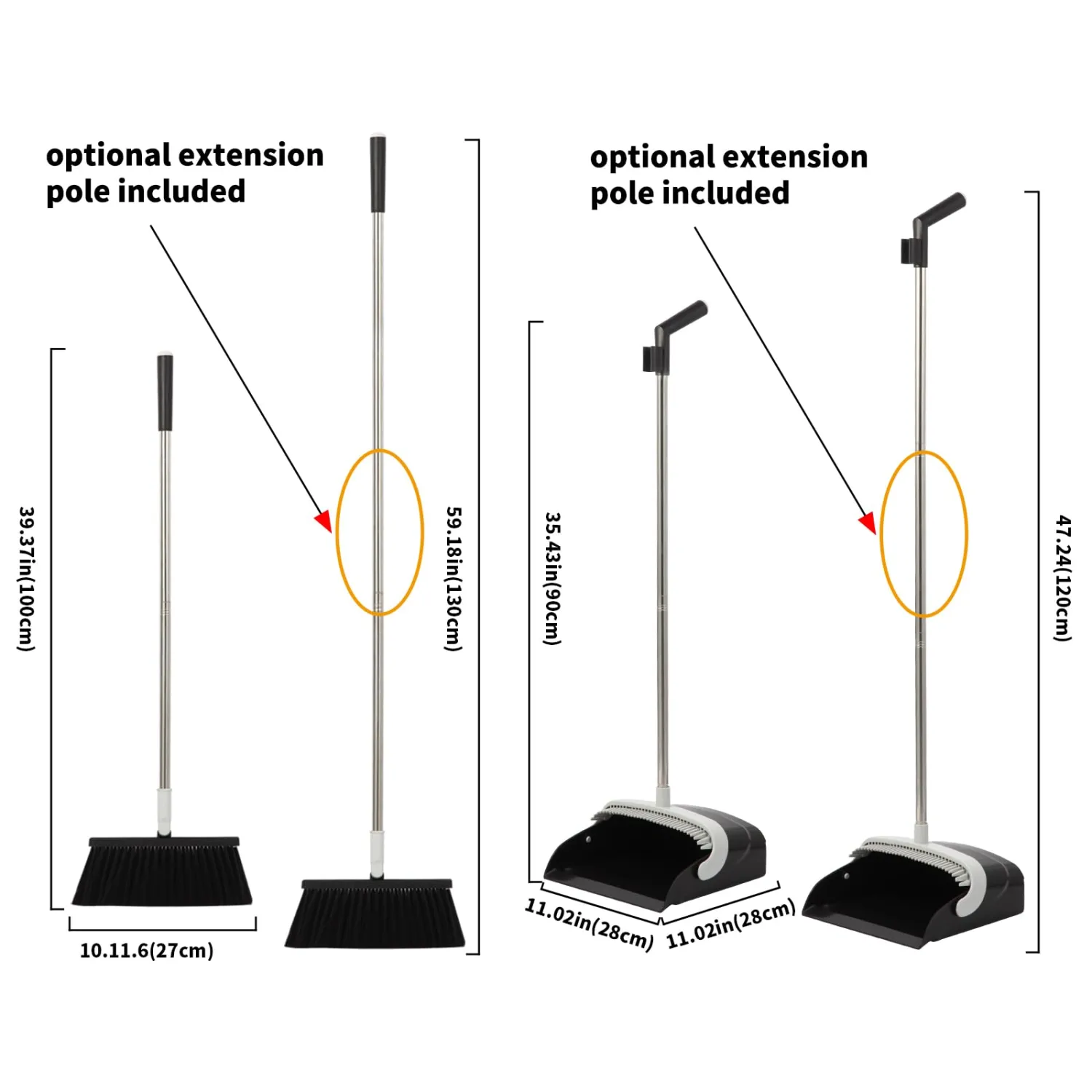 Upgrade Large Broom and Dustpan, Broom and Dustpan Set, Heavy Duty Dust Pan with 53" Long Handle Upright Dustpan Broom Set, Broom for Indoor Outdoor Garage Kitchen Room Office Lobby Use (Black)
