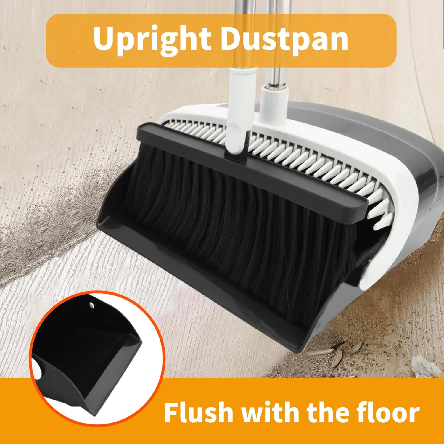 Upgrade Large Broom and Dustpan, Broom and Dustpan Set, Heavy Duty Dust Pan with 53" Long Handle Upright Dustpan Broom Set, Broom for Indoor Outdoor Garage Kitchen Room Office Lobby Use (Black)