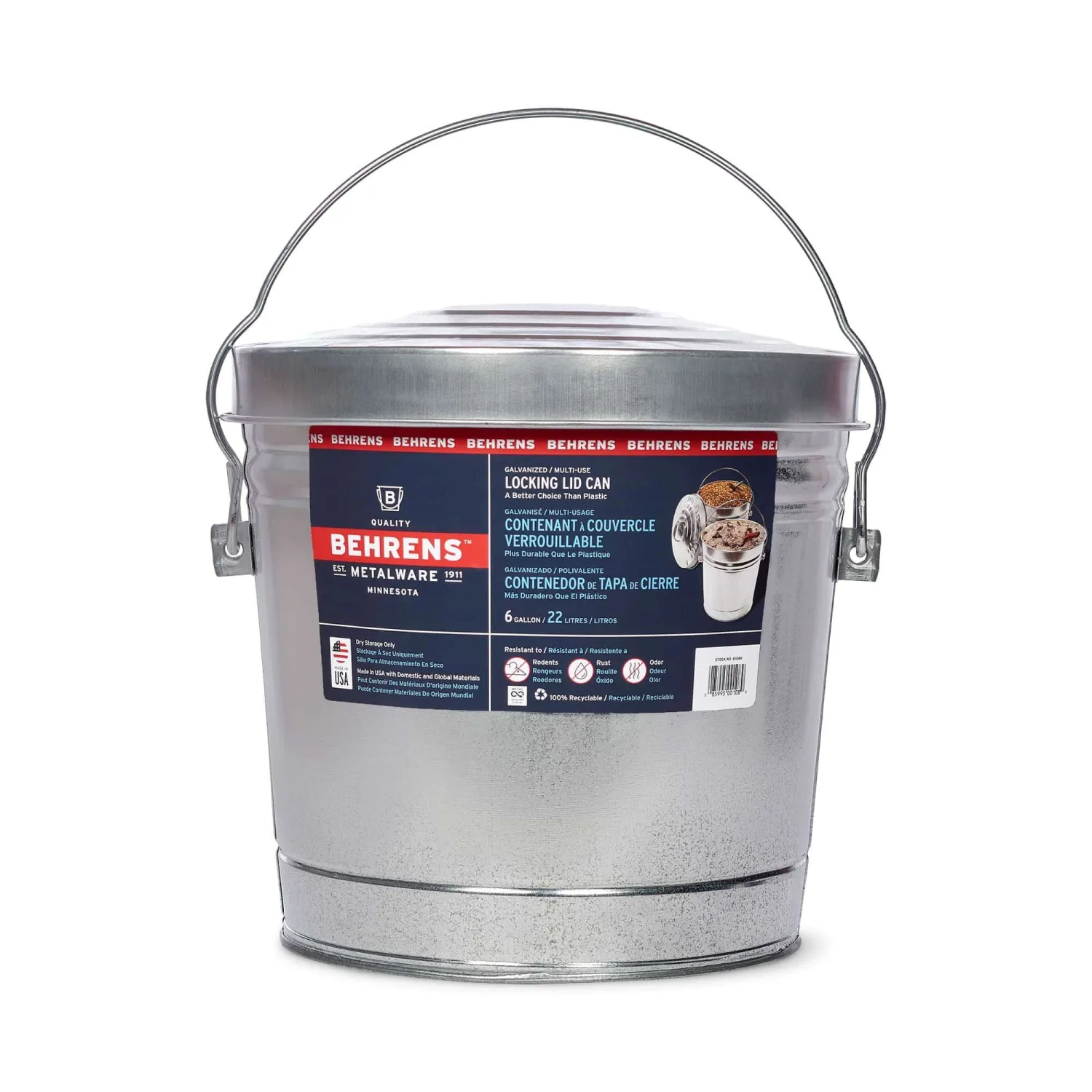 Behrens Galvanized Steel Storage Can or Waste Bin w/ Locking Lid & Handle, 6 Gal.
