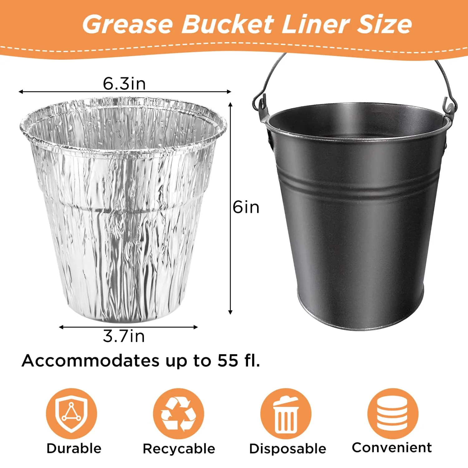 36 Pack Grease Bucket Liners & Drip Grease Bucket for Pit Boss Grills 67292 Foil, Oklahoma Joe's 9518545P06, Ironwood, Flatrock, Recteq Large Bucket etc. 6.3 x 6.0”, Disposable Drip Bucket Cup