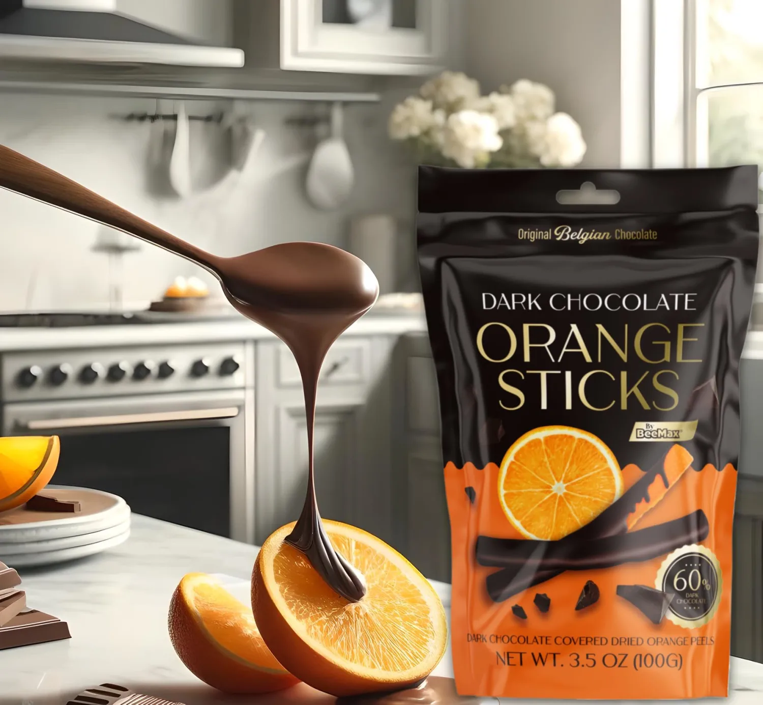 Belgian Chocolate Covered Fruit Sticks - Gourmet Covered Dried Fruit, 3.5 oz Resealable Pouch, Non-GMO, Perfect Treat for Chocolate Lovers (Dark Chocolate, Orange)