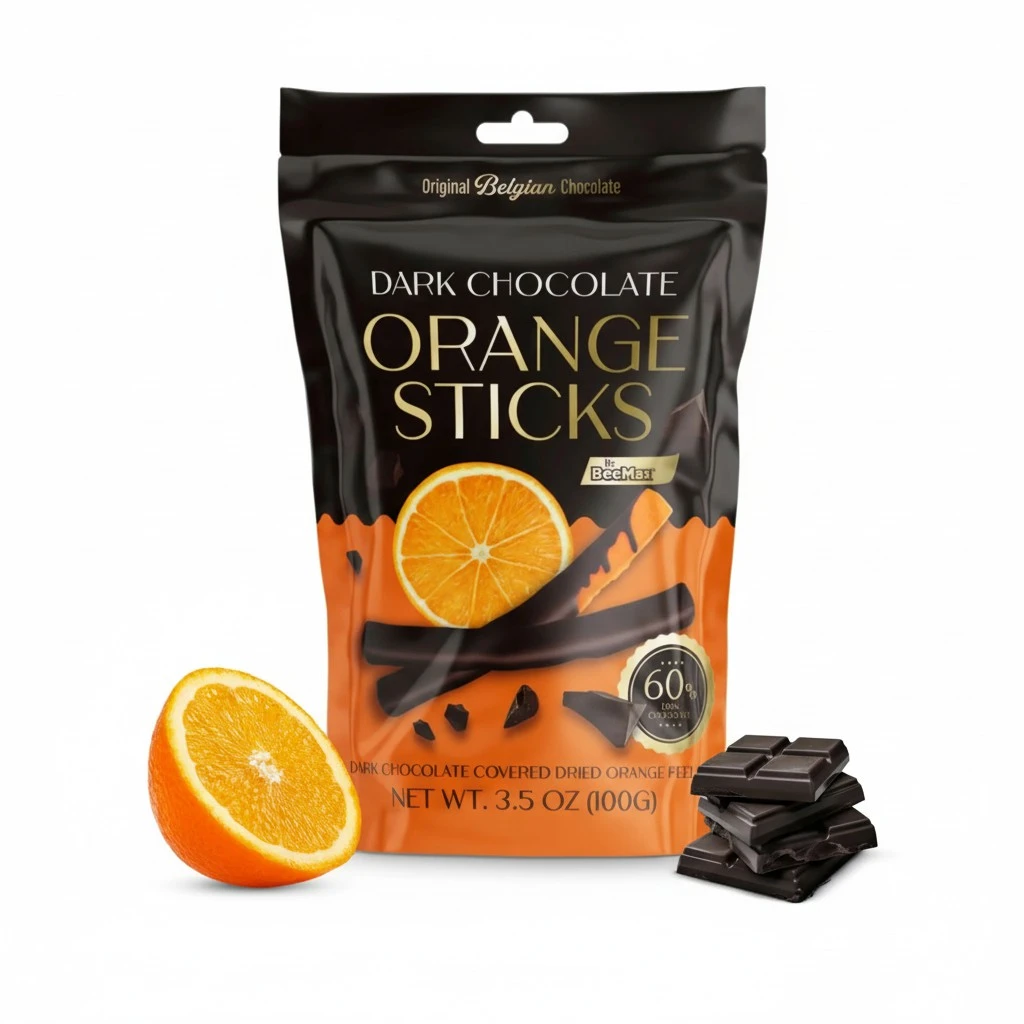Belgian Chocolate Covered Fruit Sticks - Gourmet Covered Dried Fruit, 3.5 oz Resealable Pouch, Non-GMO, Perfect Treat for Chocolate Lovers (Dark Chocolate, Orange)
