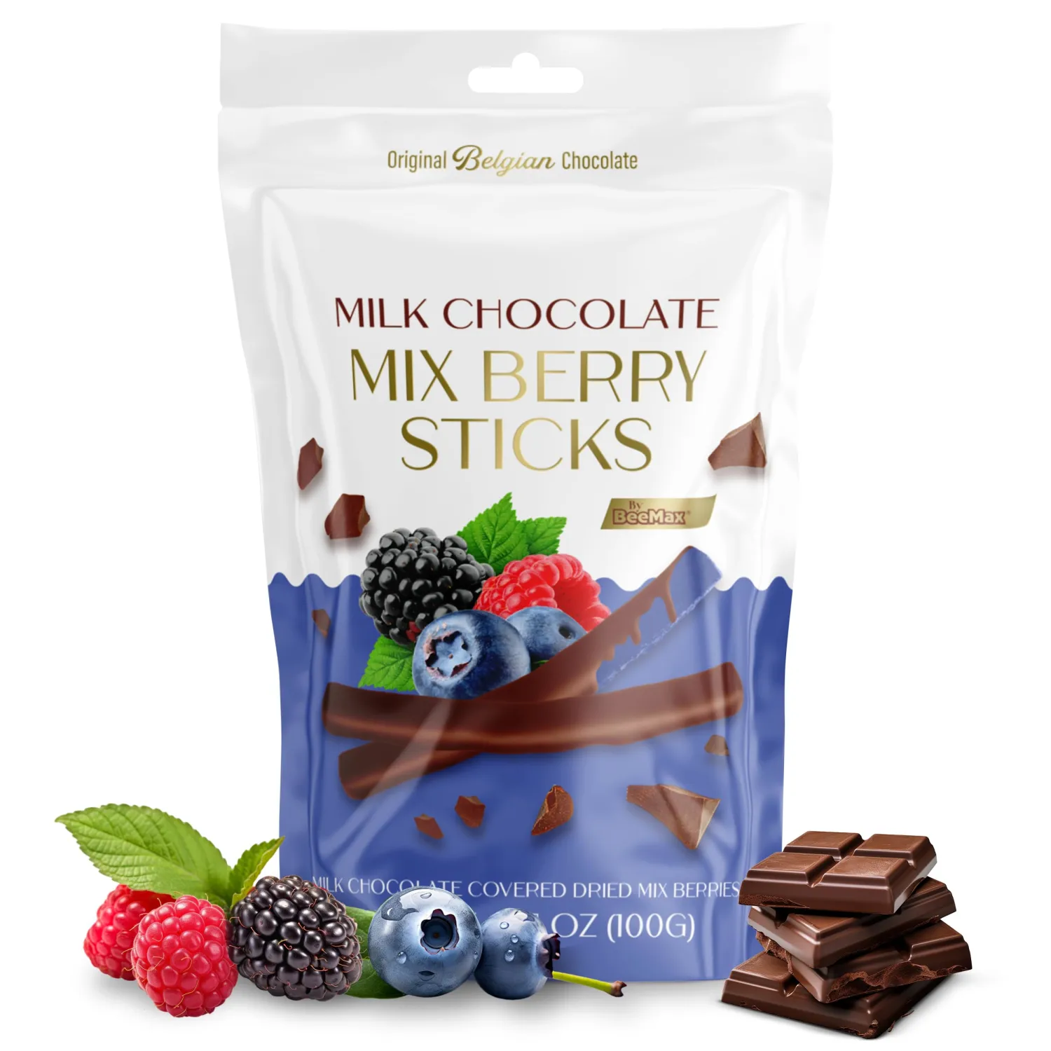 Belgian Chocolate Covered Fruit Sticks - Gourmet Covered Dried Fruit, 3.5 oz Resealable Pouch, Non-GMO, Perfect Treat for Chocolate Lovers (Milk Chocolate, Mixed Berries)