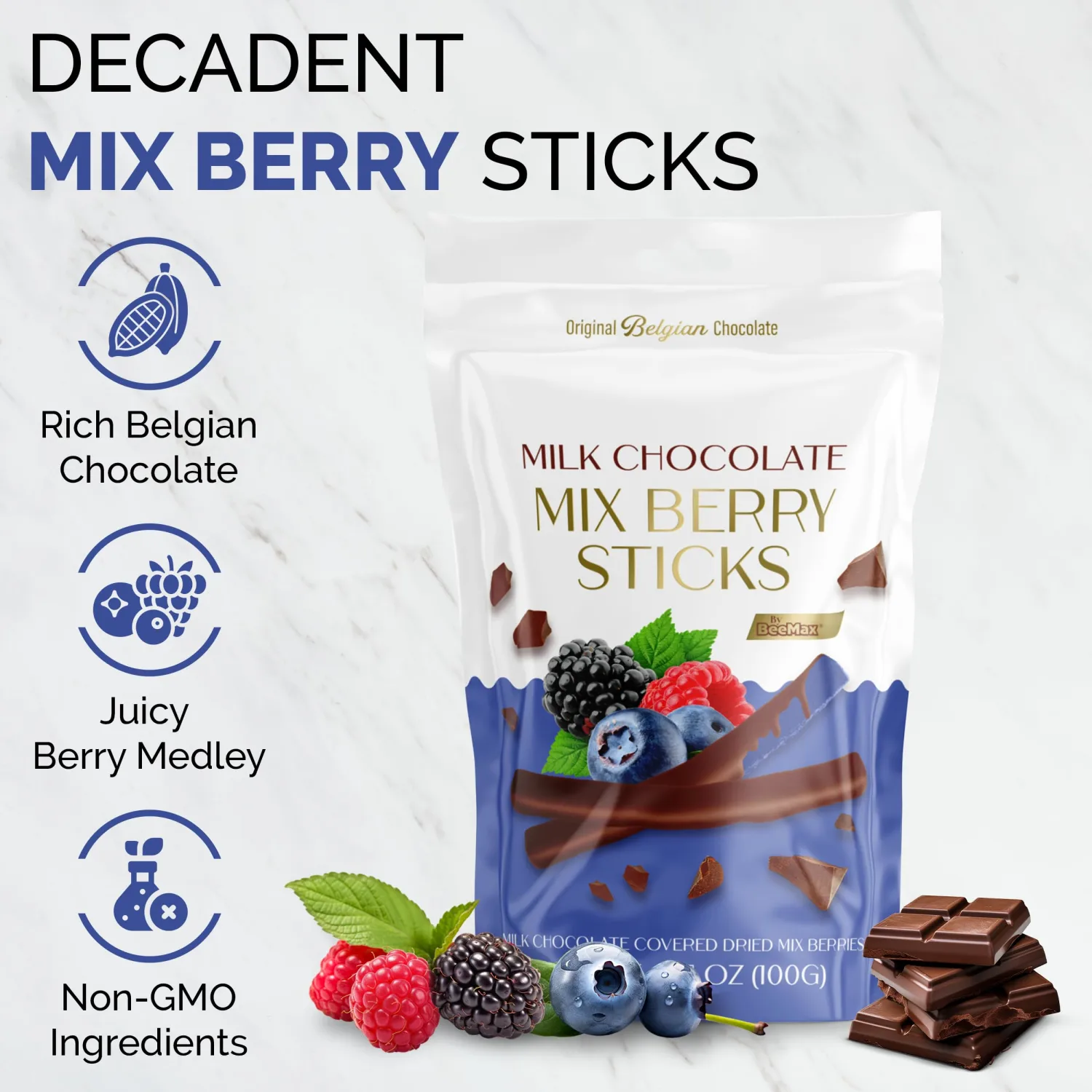Belgian Chocolate Covered Fruit Sticks - Gourmet Covered Dried Fruit, 3.5 oz Resealable Pouch, Non-GMO, Perfect Treat for Chocolate Lovers (Milk Chocolate, Mixed Berries)