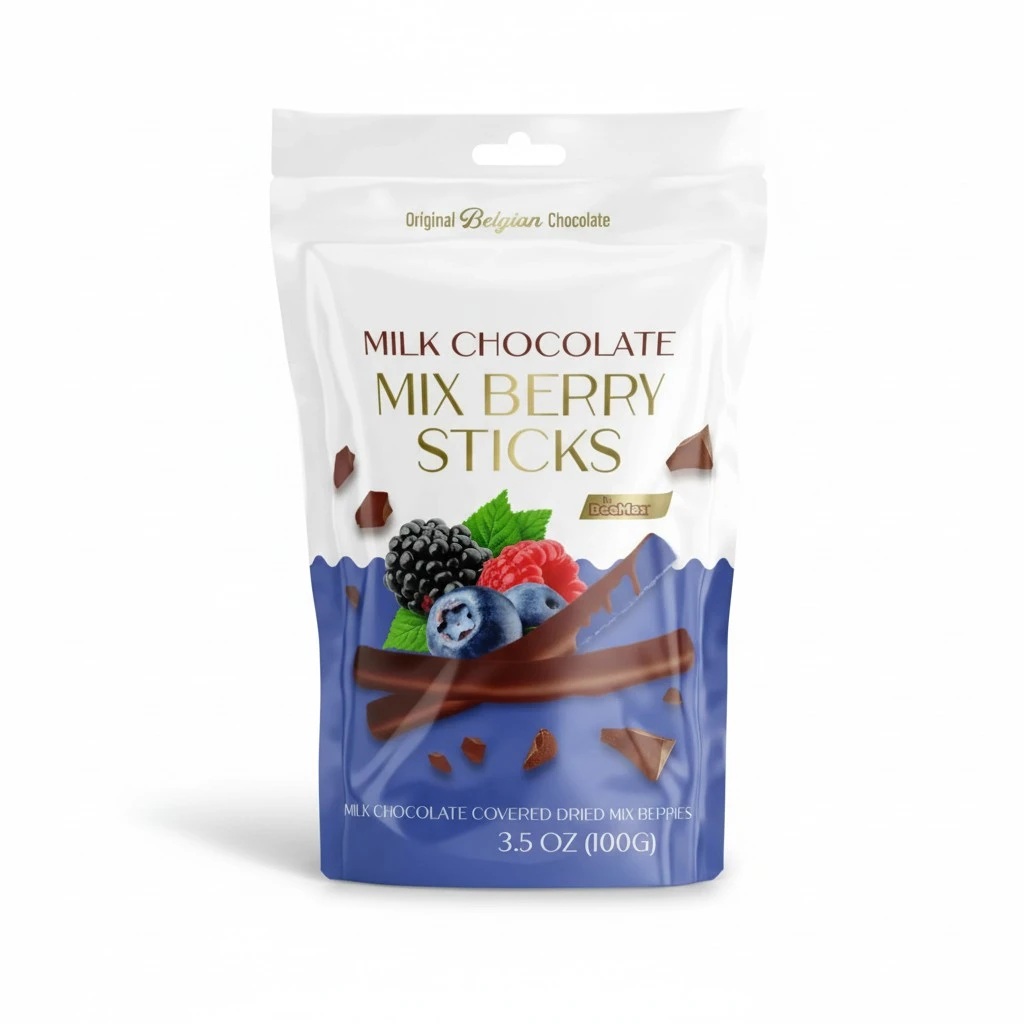 Belgian Chocolate Covered Fruit Sticks - Gourmet Covered Dried Fruit, 3.5 oz Resealable Pouch, Non-GMO, Perfect Treat for Chocolate Lovers (Milk Chocolate, Mixed Berries)