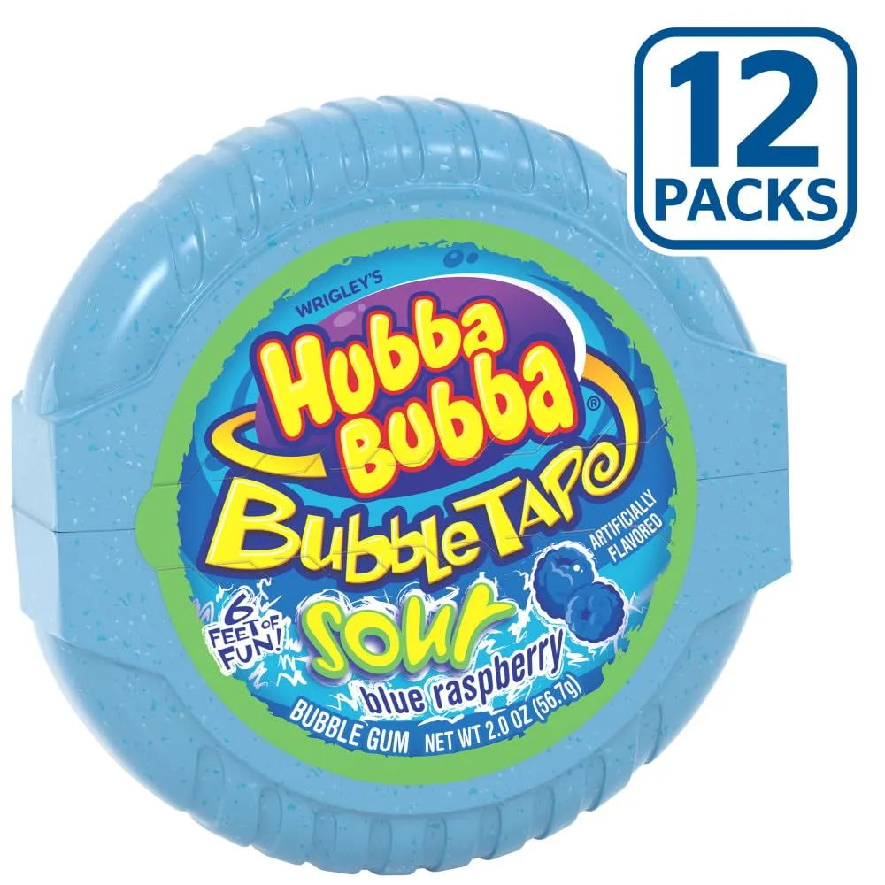 HUBBA BUBBA Sour Blue Raspberry Bubble Gum Tape, 2 ounce (Pack of 12)