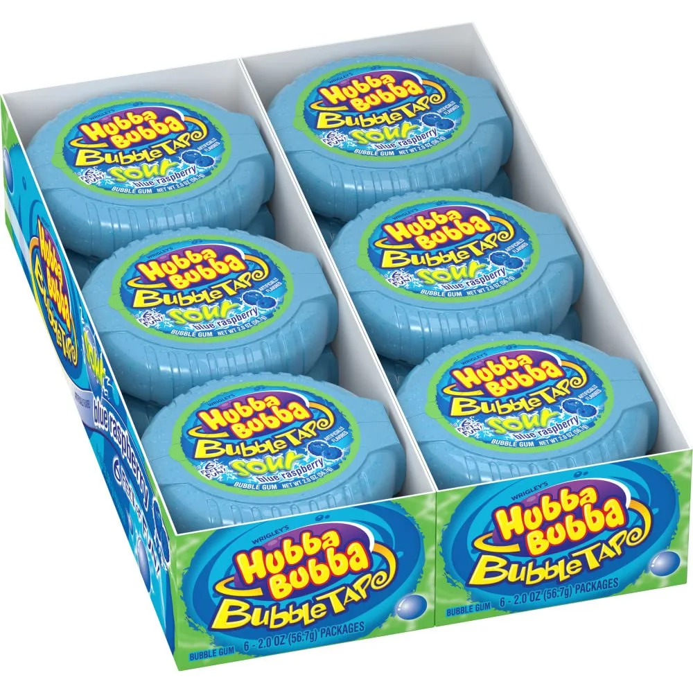 HUBBA BUBBA Sour Blue Raspberry Bubble Gum Tape, 2 ounce (Pack of 12)