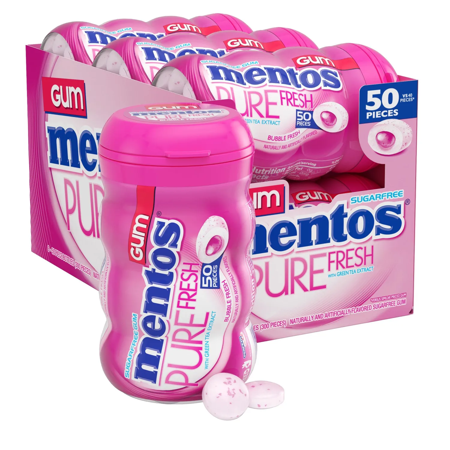 Mentos Pure Fresh Sugar-Free Chewing Gum with Xylitol, Bubble Fresh Flavor, Bubble Gum, 50 Piece Bottle (Bulk Pack of 6)