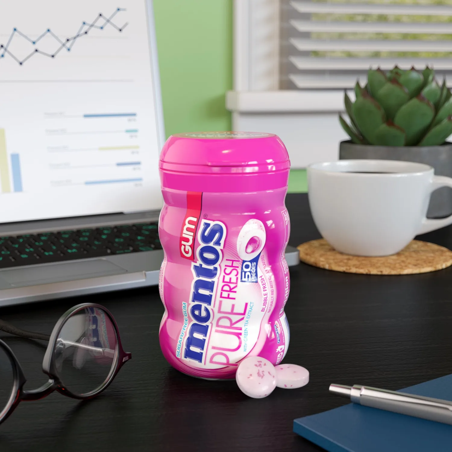 Mentos Pure Fresh Sugar-Free Chewing Gum with Xylitol, Bubble Fresh Flavor, Bubble Gum, 50 Piece Bottle (Bulk Pack of 6)