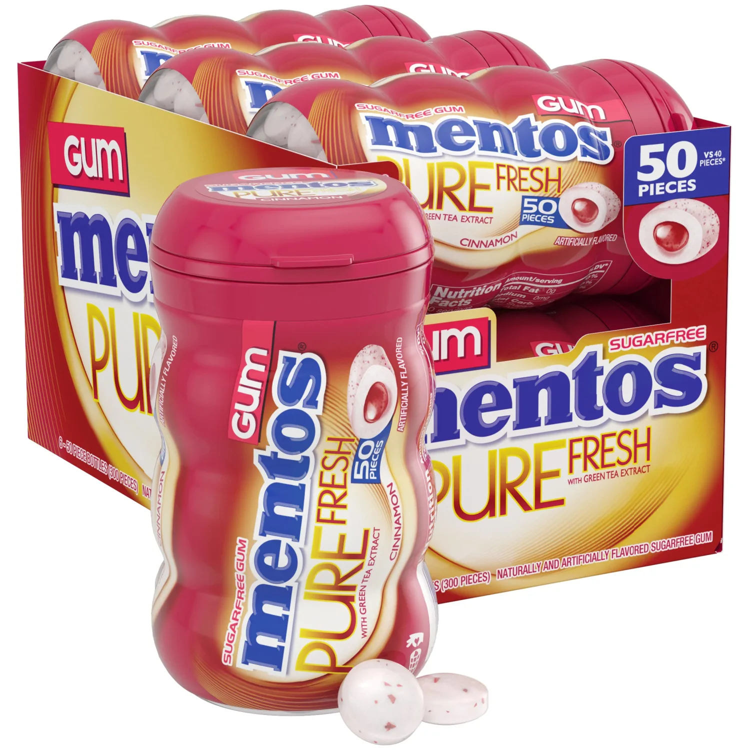 Mentos Pure Fresh Sugar-Free Chewing Gum with Xylitol, Cinnamon, Bulk, 50 Piece Bottle (Pack of 6)