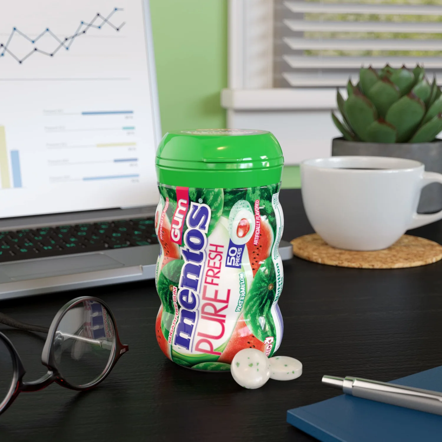 Mentos Pure Fresh Sugar-Free Chewing Gum with Xylitol, Watermelon, Bulk, 50 Piece Bottle (Pack of 6)