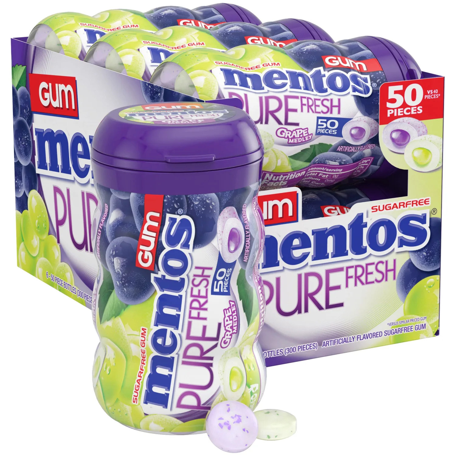 Mentos Pure Fresh Sugar-Free Chewing Gum with Xylitol, Grape Medley, 50 Piece Bottle (Bulk Pack of 6)