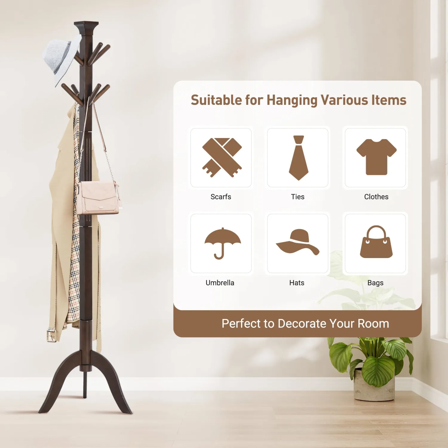 COLAMY Wooden Coat Rack, Free Standing Coat Tree with 8 Hooks for Bedroom, Entryway,Office, for Hats, Coats, Scarves, Handbags（Brown