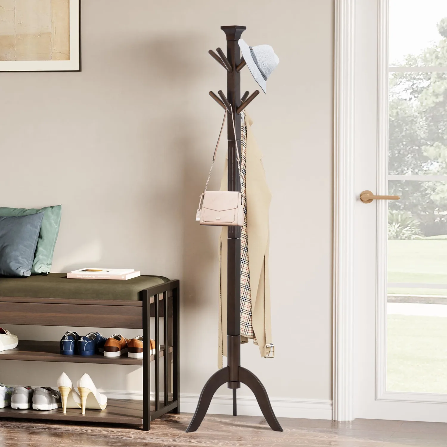 COLAMY Wooden Coat Rack, Free Standing Coat Tree with 8 Hooks for Bedroom, Entryway,Office, for Hats, Coats, Scarves, Handbags（Brown