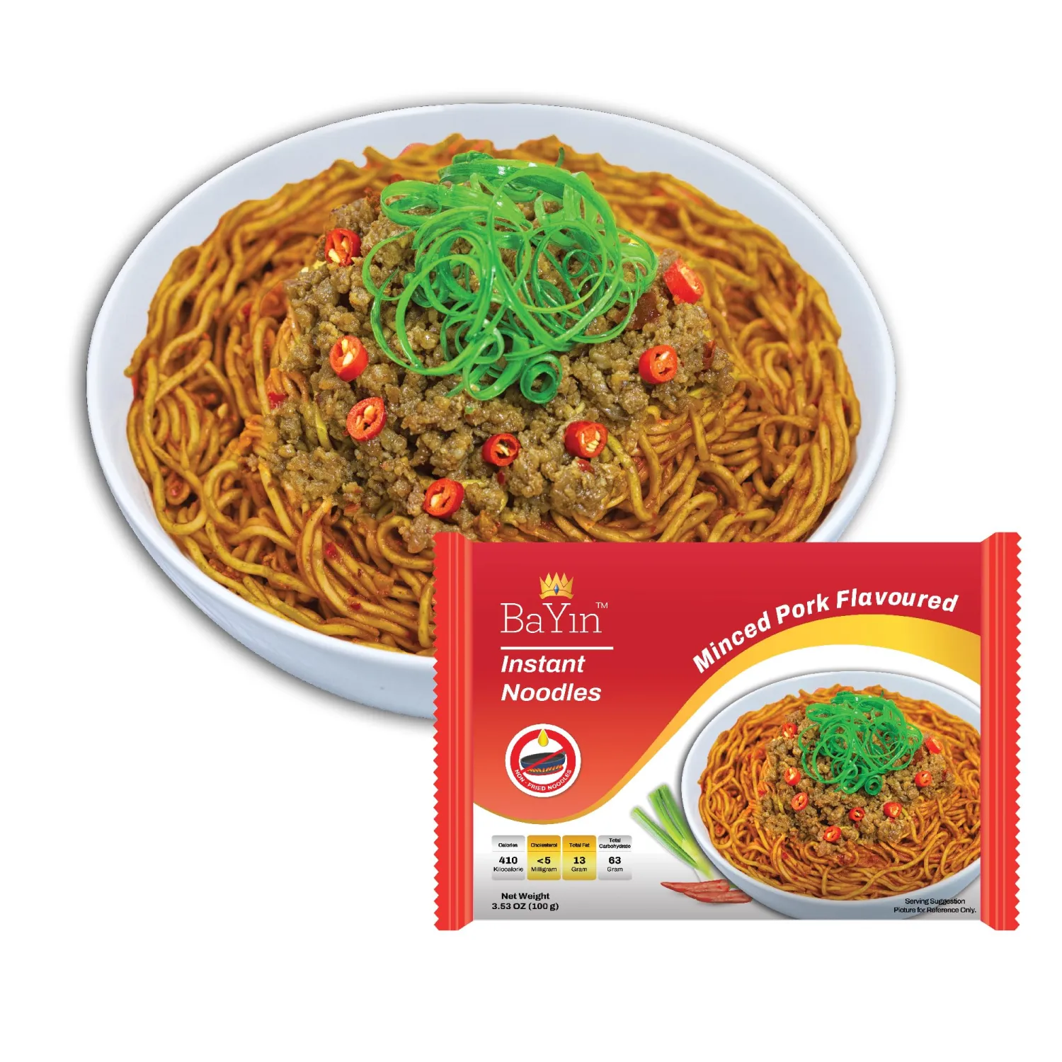 Bayin Instant Noodles - Non Fried - Dry 3.53oz (100g) Pack of 2 (Minced Pork Flavored, 2)
