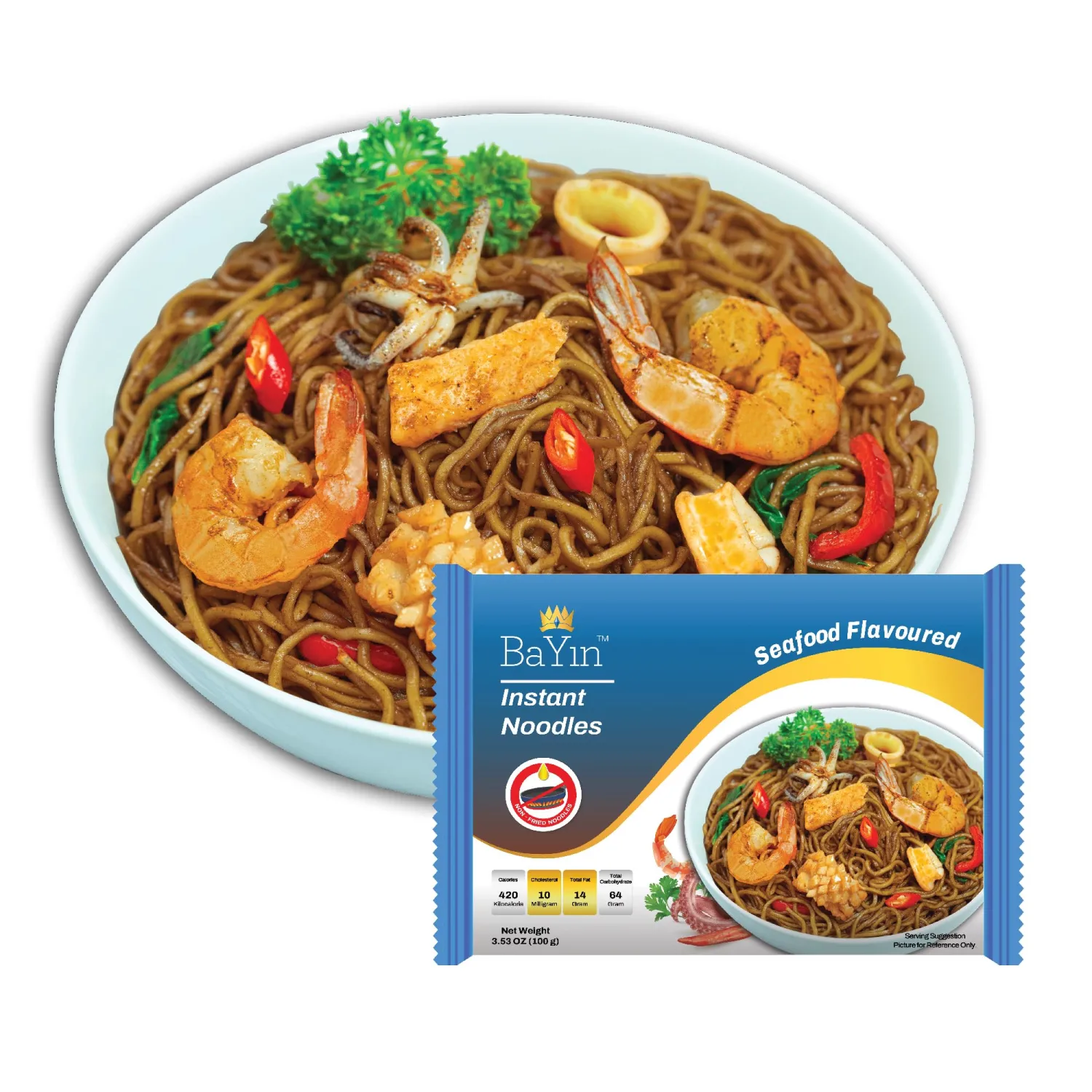 Bayin Instant Noodles - Non Fried - Dry 3.53oz (100g) Pack of 5 (Seafood Flavored, 5)