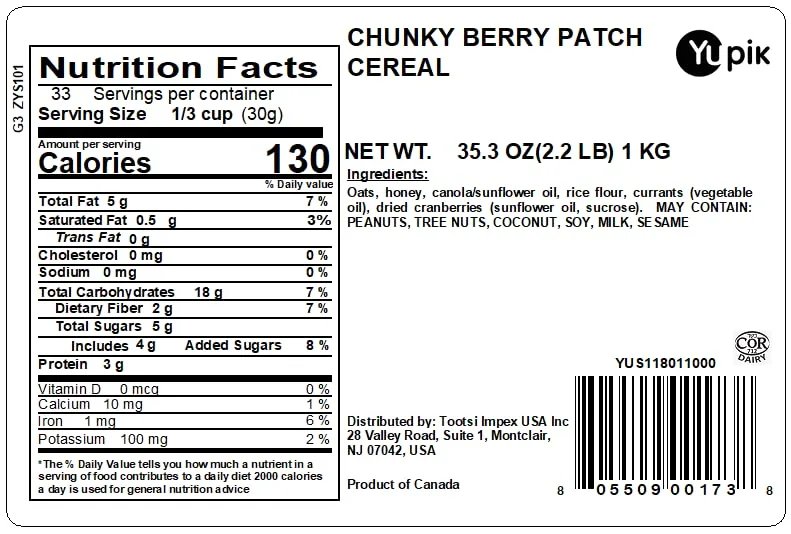 Yupik Granola Cereal, Chunky Berry Patch, 2.2 lb, a granola mix of oats, currants, cranberries, and honey (Pack of 1)
