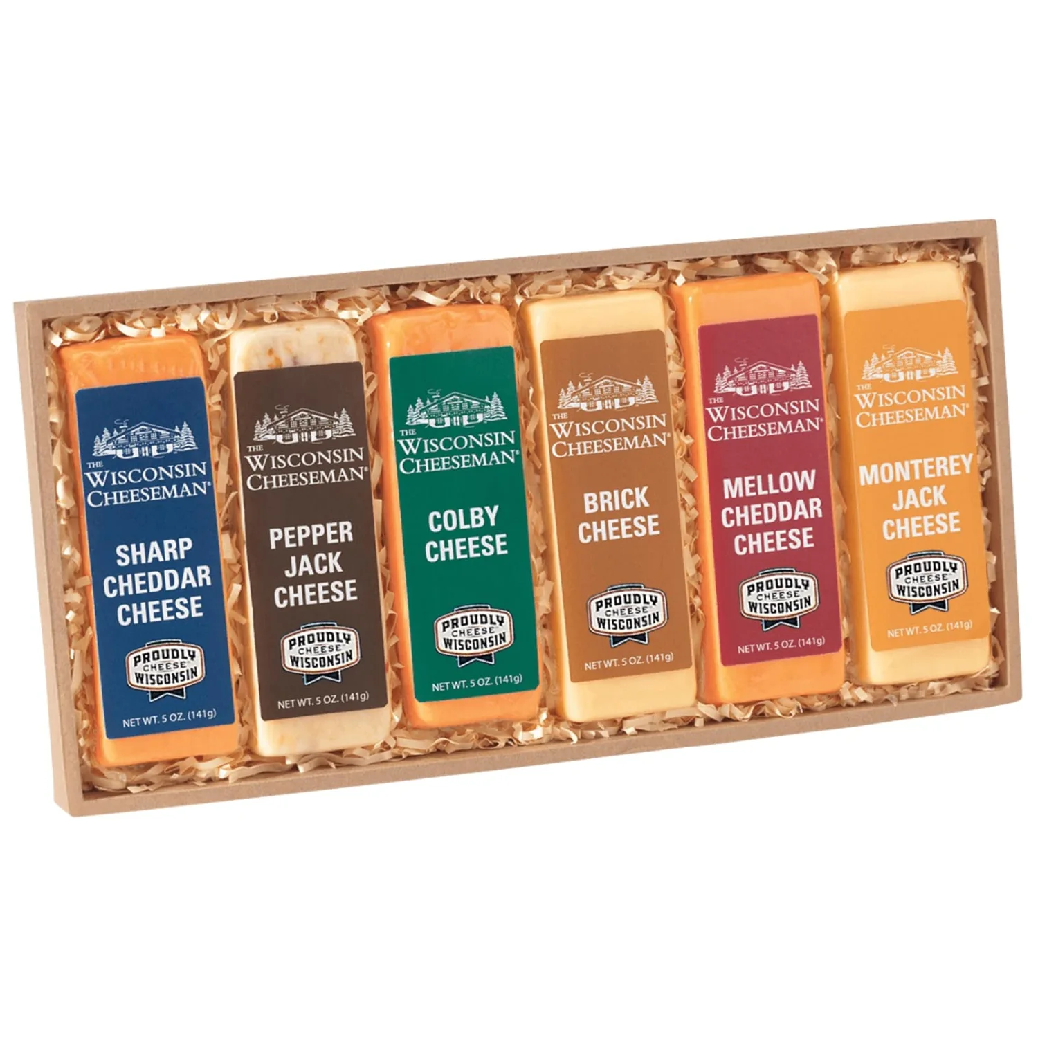 The Wisconsin Cheeseman Assorted Cheese Bars - Featuring Sharp and Mellow Cheddar, Pepper Jack, Colby, Brick, and Monterey Jack, Premium Gift Assortment, Pack of 6-1 lb. 14 oz.