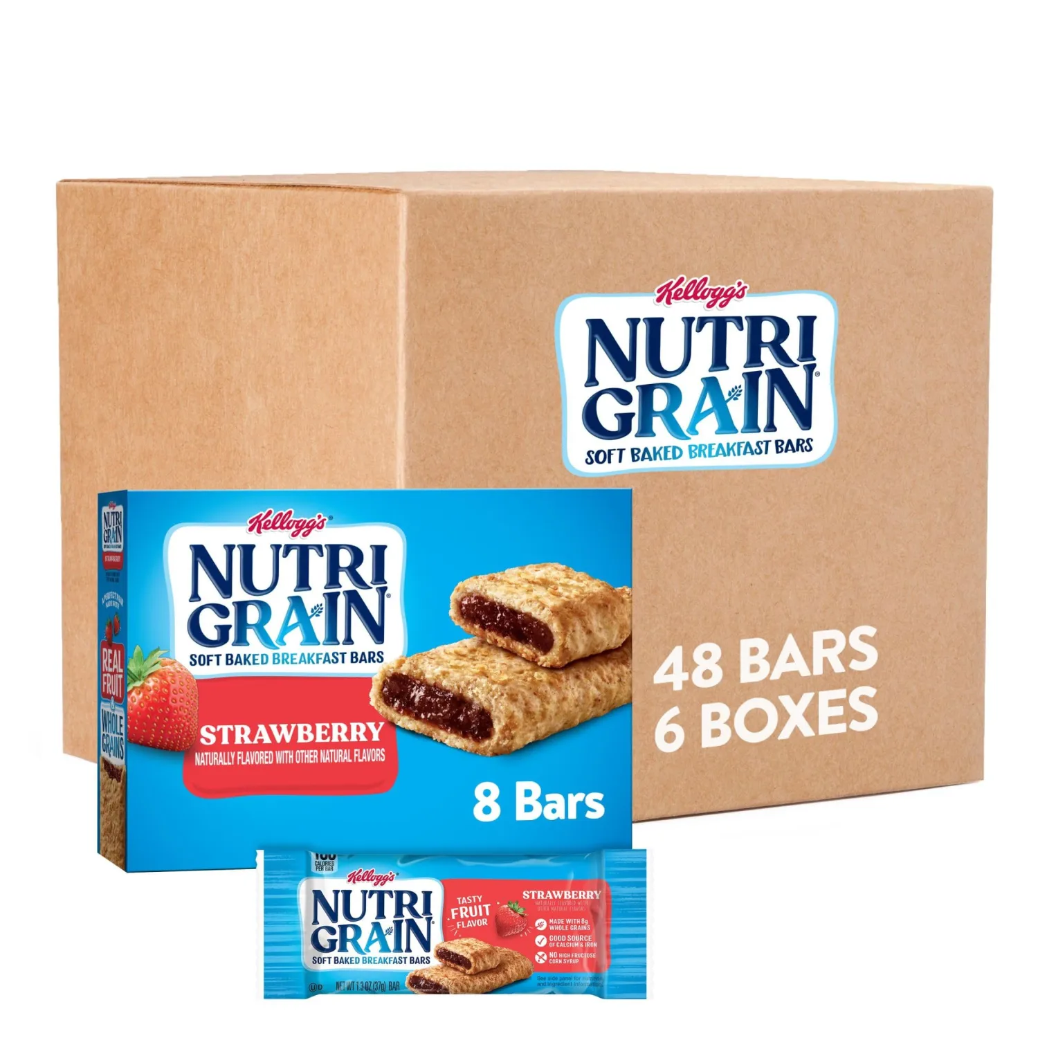Nutri-Grain Soft Baked Breakfast Bars, Made with Whole Grains, Kids Snacks, Strawberry (6 Boxes, 48 Count)