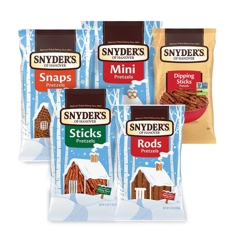 Snyder's of Hanover Holiday Pretzel Cabin Bundle, Frosted Chalet Building Holiday Activity, Includes 10 Bags of Pretzels