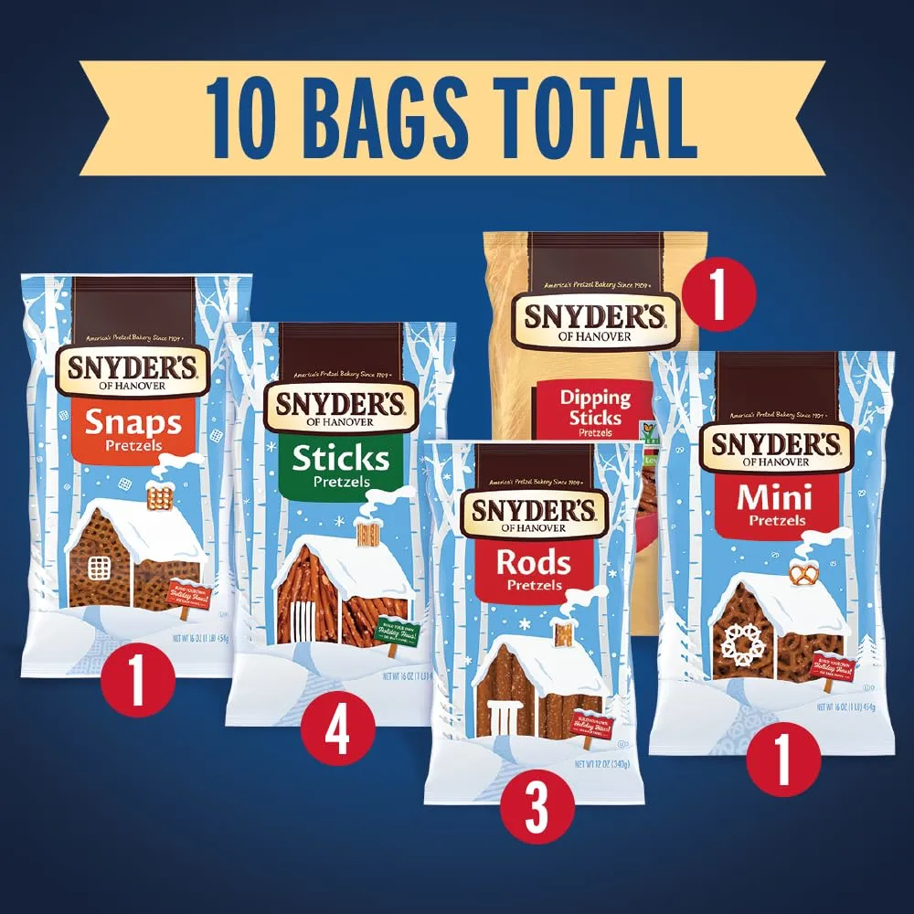 Snyder's of Hanover Holiday Pretzel Cabin Bundle, Frosted Chalet Building Holiday Activity, Includes 10 Bags of Pretzels