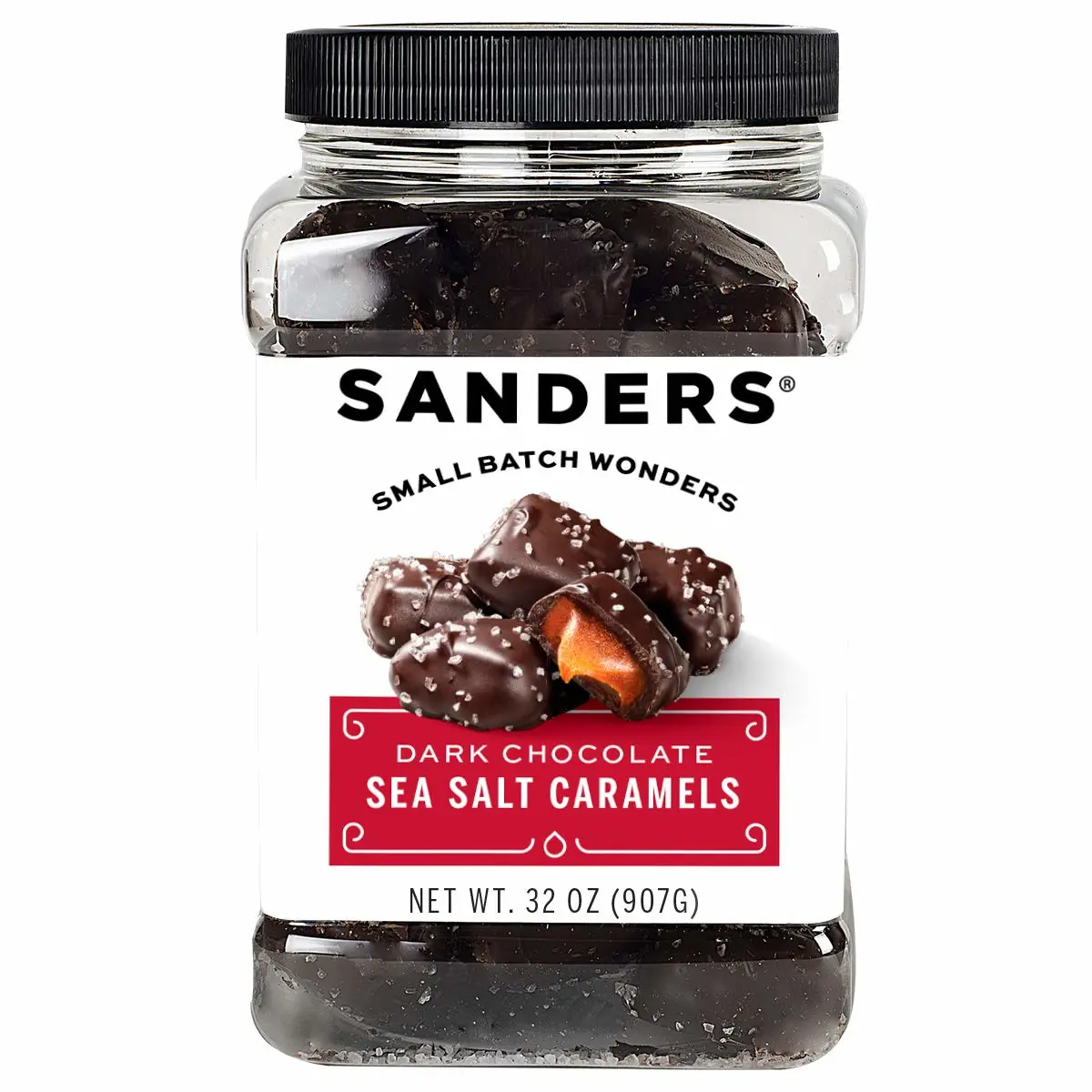 Sanders Dark Chocolate Sea Salt Caramels (32 oz Tub) – Handcrafted Small Batch Slow Cooked Caramel, Sea Salt Dark Chocolate with Rich Indulgent Flavor, Sweet & Salty