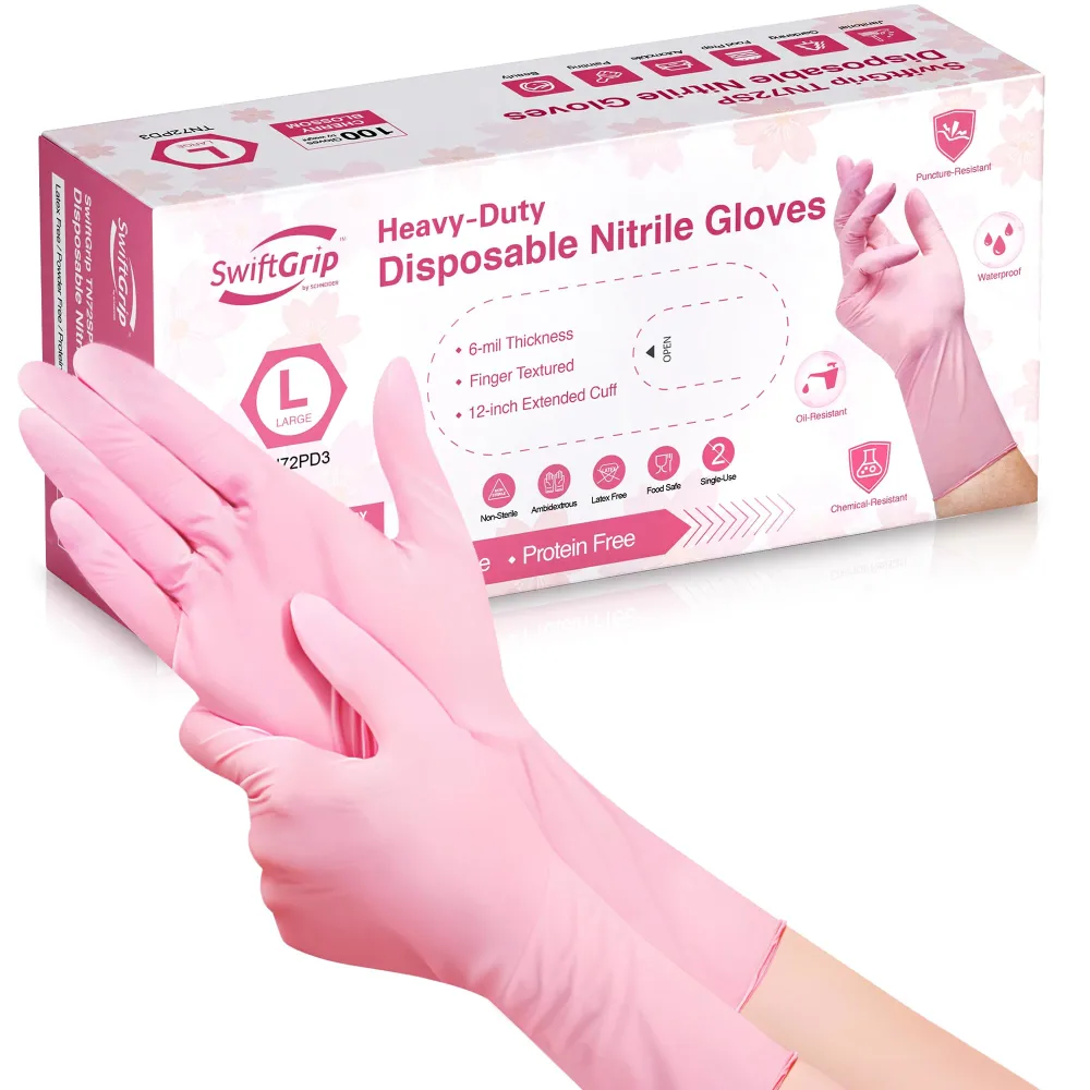 Disposable Nitrile Dishwashing Gloves, Extended 12 Inches Cuff, 6-mil, Cherry Blossom Cleaning Gloves, Latex-Free