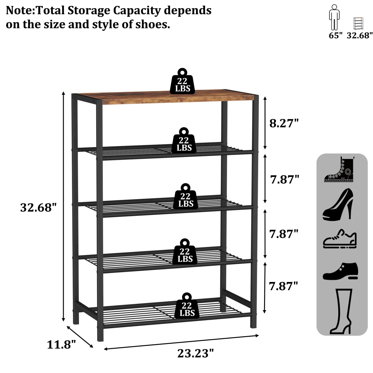 HOMEFORT 5-Tier Shoe Rack, Shoe Storage Shelf with MDF Top Board, Shoe Rack Organizer, Each Tier Fits 3 Pairs, Entryway Shoe Stand with Sturdy Shelves, Rustic Brown