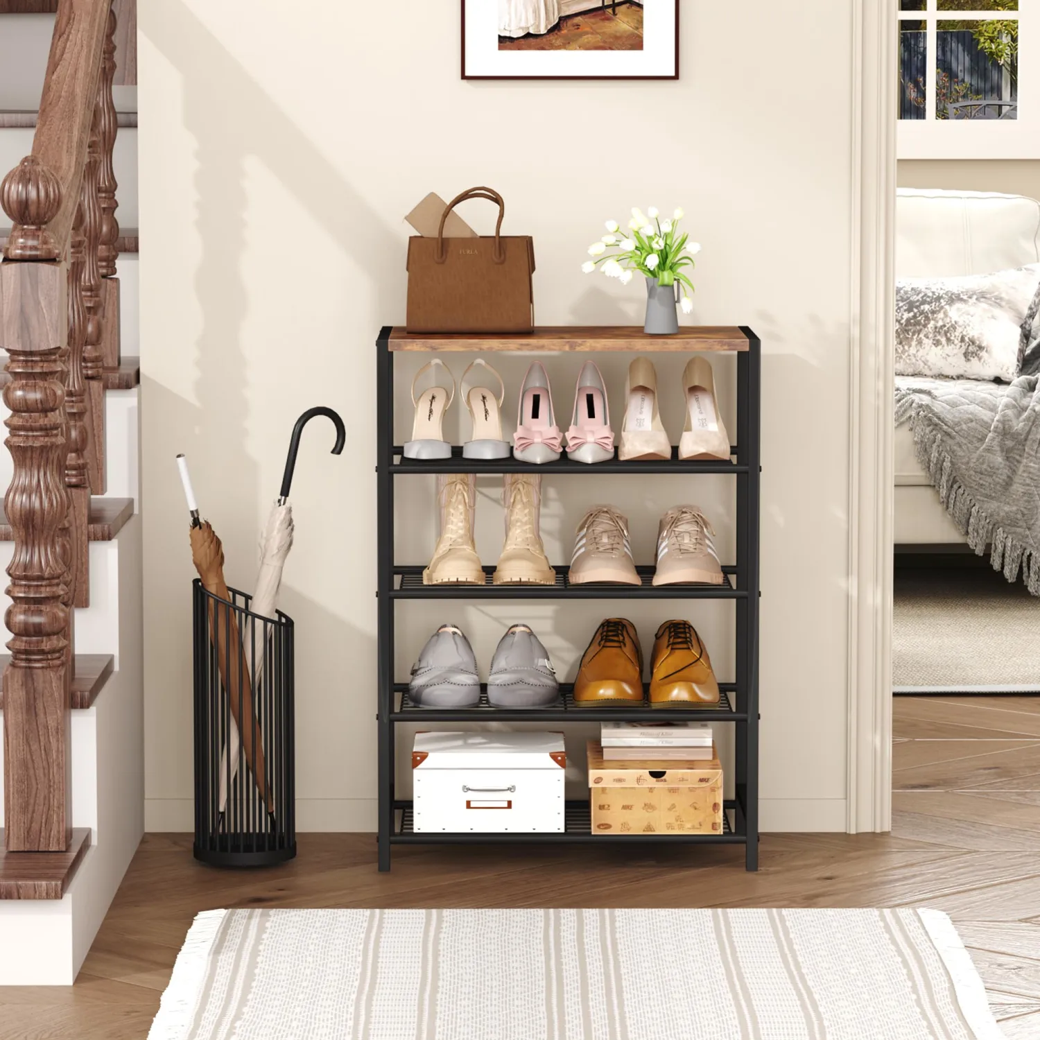 HOMEFORT 5-Tier Shoe Rack, Shoe Storage Shelf with MDF Top Board, Shoe Rack Organizer, Each Tier Fits 3 Pairs, Entryway Shoe Stand with Sturdy Shelves, Rustic Brown