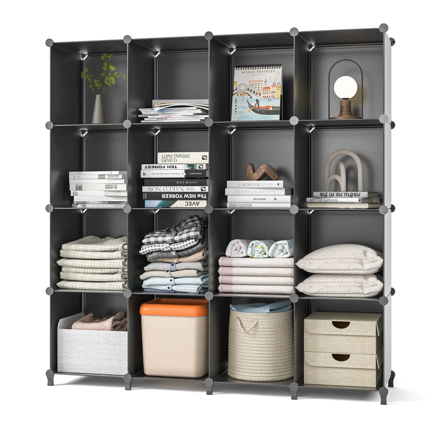 Closet Organizers and Storage, 16-Cube Closet Organizer, Cubes Storage Organizers, Closet Storage Cabinet Shelf, Bookcase Bookshelf for Bedroom, Office, Black