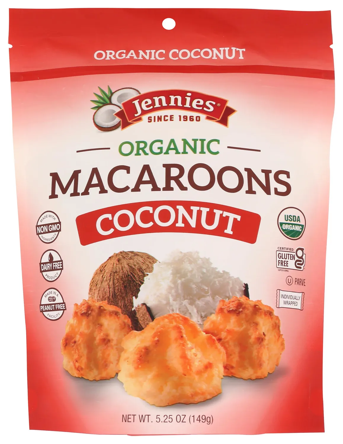 Jennies Organic Coconut Macaroons, 5.25oz | Dairy Free | Peanut Free | Gluten Free | Individually Wrapped