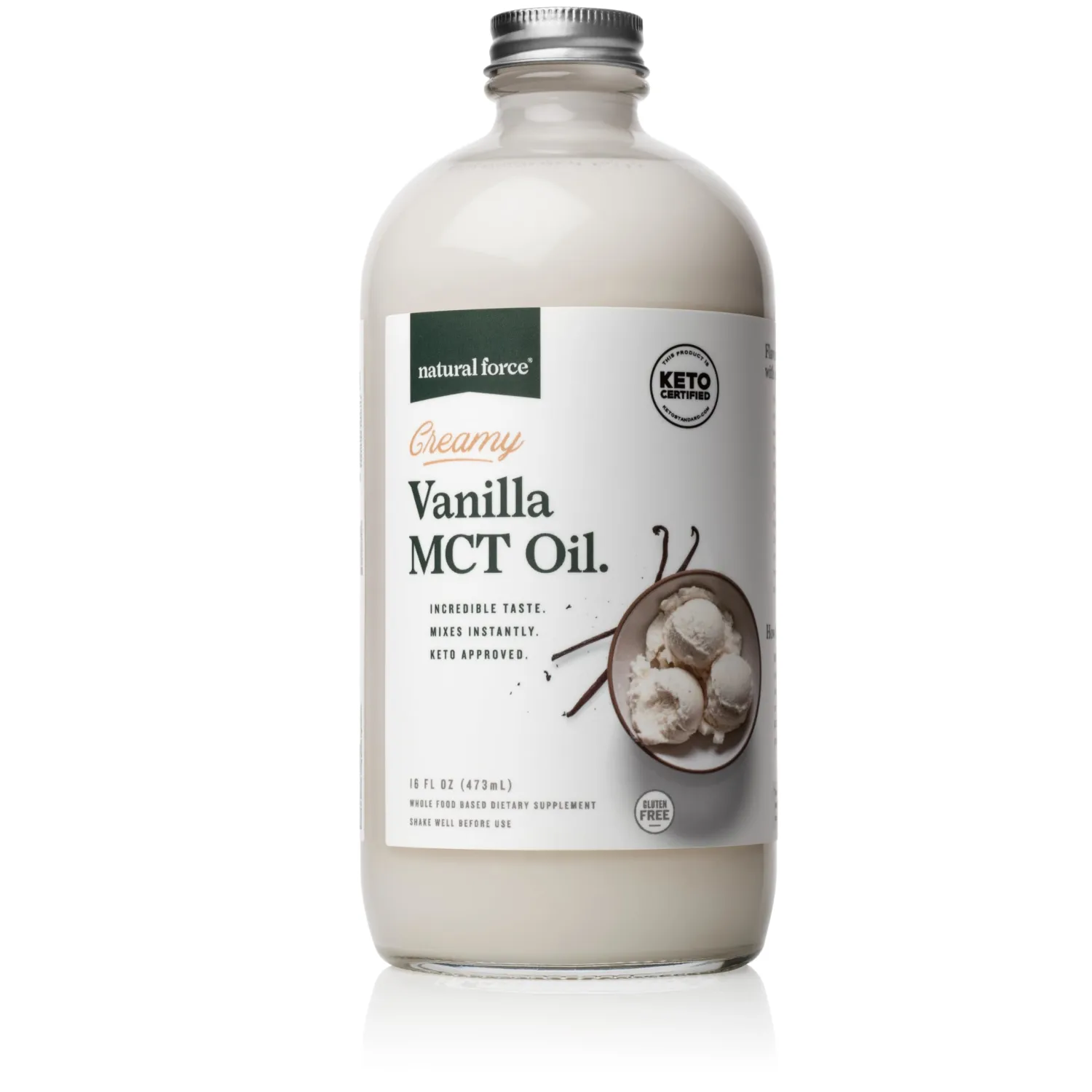 Natural Force Creamy Vanilla MCT Oil – Non Dairy, Keto Certified, Emulsified MCTs for Low-Carb, Ketogenic Coffee, Smoothies, & Shakes - Mixes Instantly + No Blending Required – 16 Oz Glass Bottle
