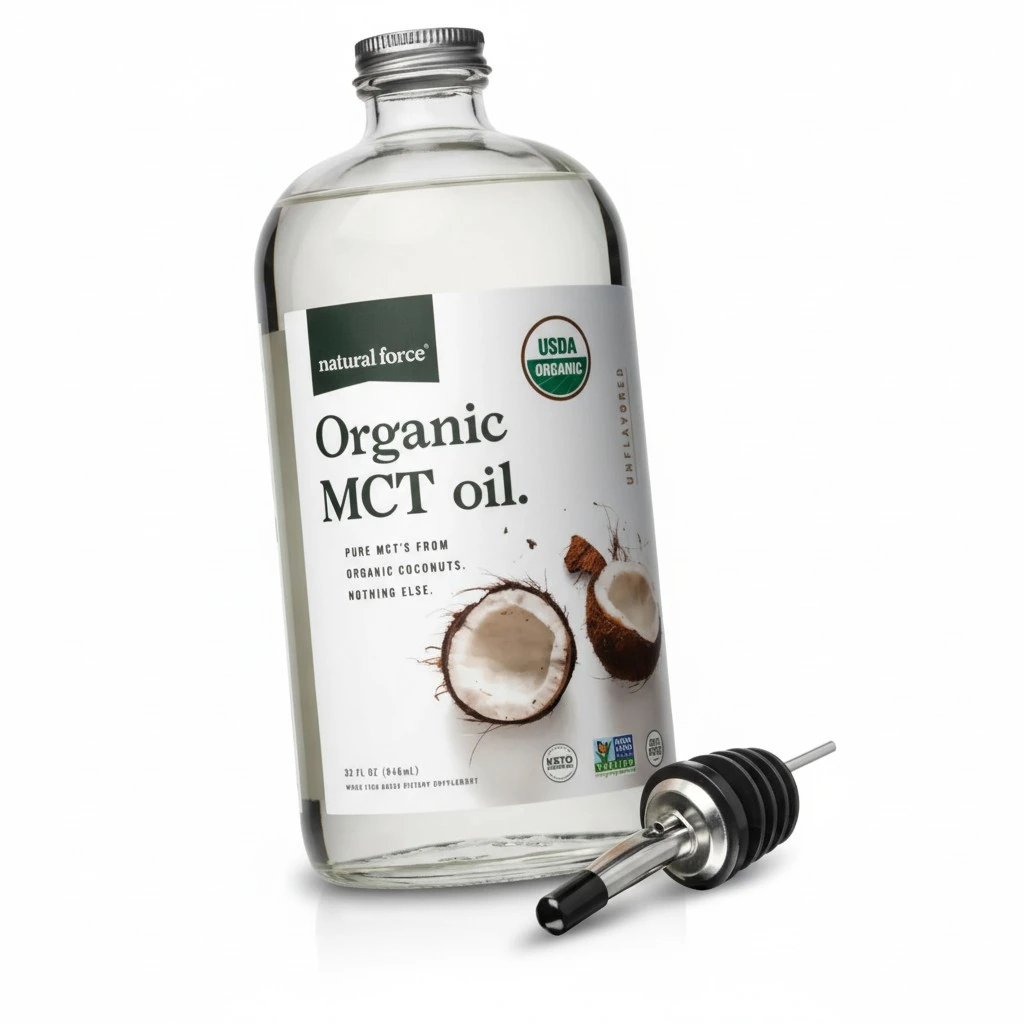 Natural Force Organic MCT Oil – Pure Glass Bottle – Made from 100% Cold Pressed Virgin Coconut Oil + Certified Keto, Paleo, Kosher, Vegan & Non-GMO – Lab Tested for Quality and Purity - 32 Ounce